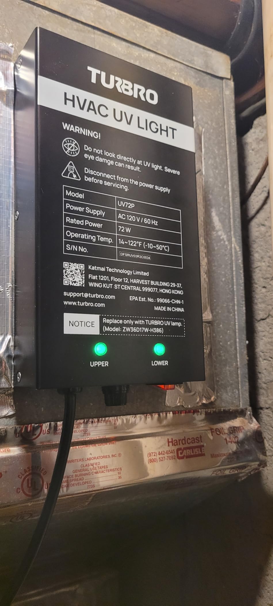 TURBRO 72W UV Sanitizer Lamp with Energy Saving Airflow Sensor, Ozone Free Ultraviolet Light, Air Purifier for HVAC Units and Ducted Systems, Direct Plug-in 120V, UV72PA - Customer Photo 1