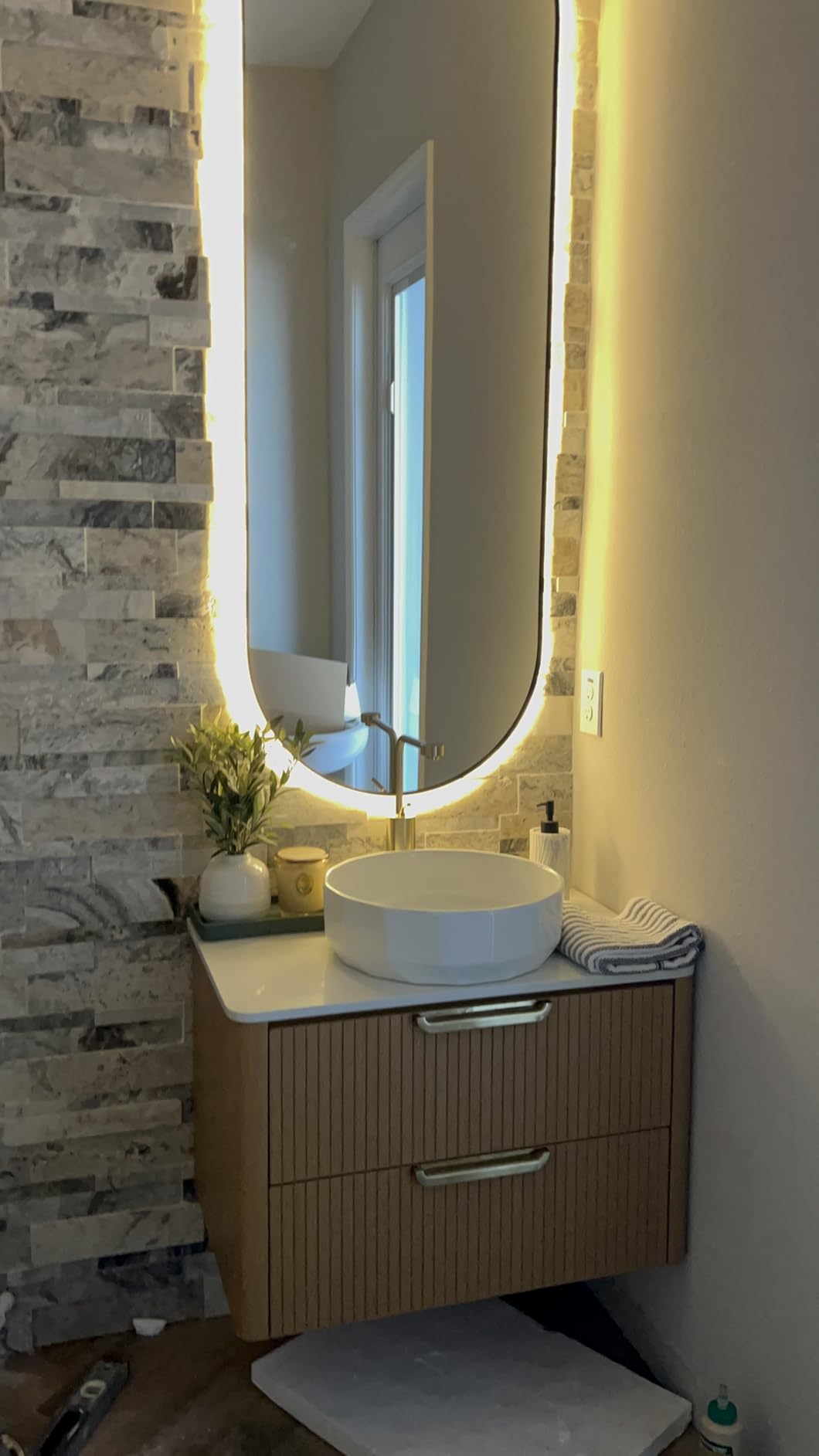 YITAHOME 72 Inch Floating Bathroom Vanity with 2 Faceted Ceramic Basins, Wall-Mounted Vanity with Engineered White Stone Top, 4 Large Storage Drawers & 4 Open Spaces, Wood Grain Texture, Light Walnut - Customer Photo 1