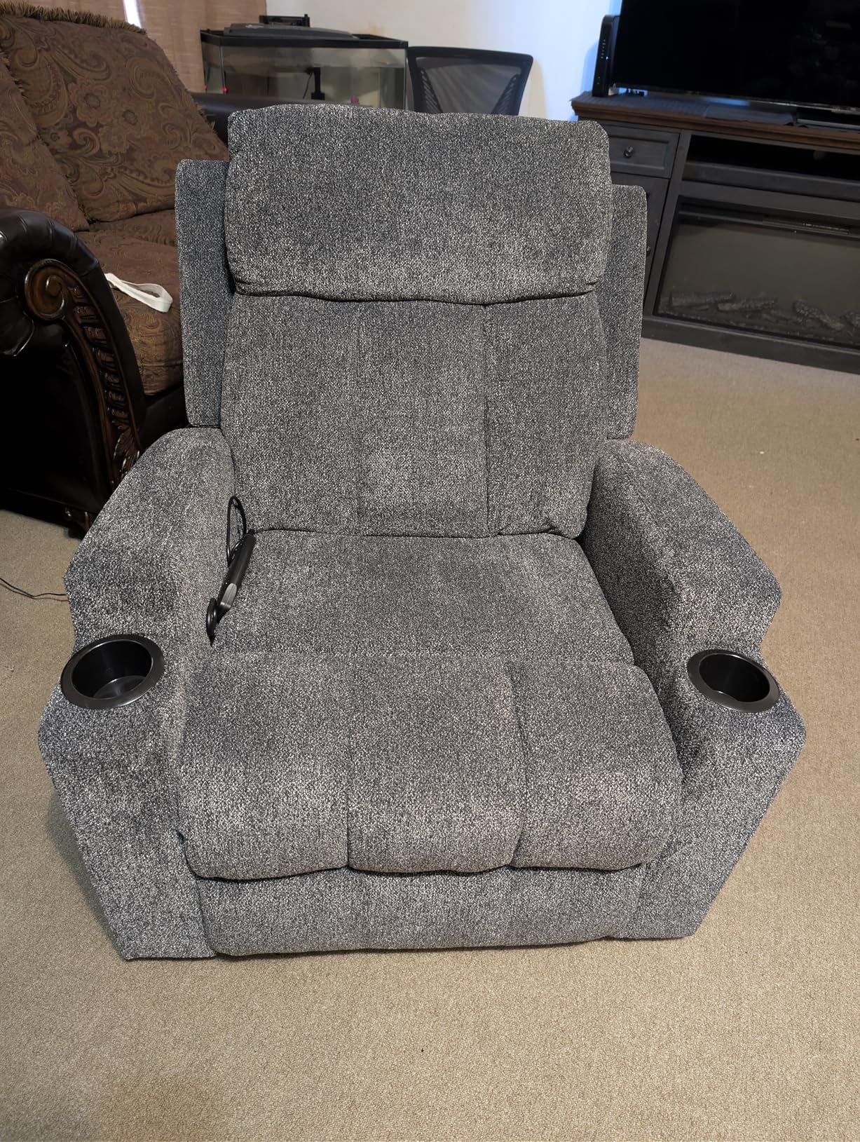 CANMOV Manual Recliner Chair with Massage and Heat, Soft Fabric Recliner Chair with Overstuffed Arm and Back, Manual Reclining Single Sofa with 2 Cup Holders, Side Pocket for Living Room, Dark Grey - Customer Photo 1