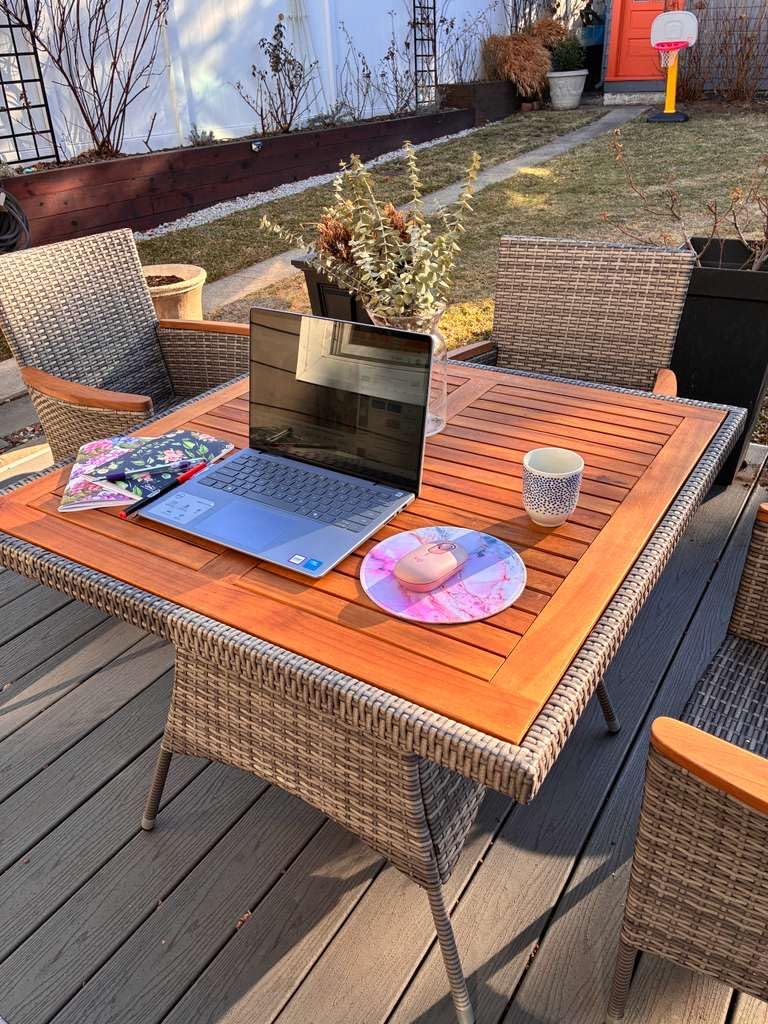 Wisteria Lane Patio Outdoor Table and Chairs Set, Rattan Outdoor Patio Furniture Set with Removable Cushions, Outdoor Patio Dining Sets with Acacia Wood Tabletop for Deck Garden Backyard, Brown - Customer Photo 1