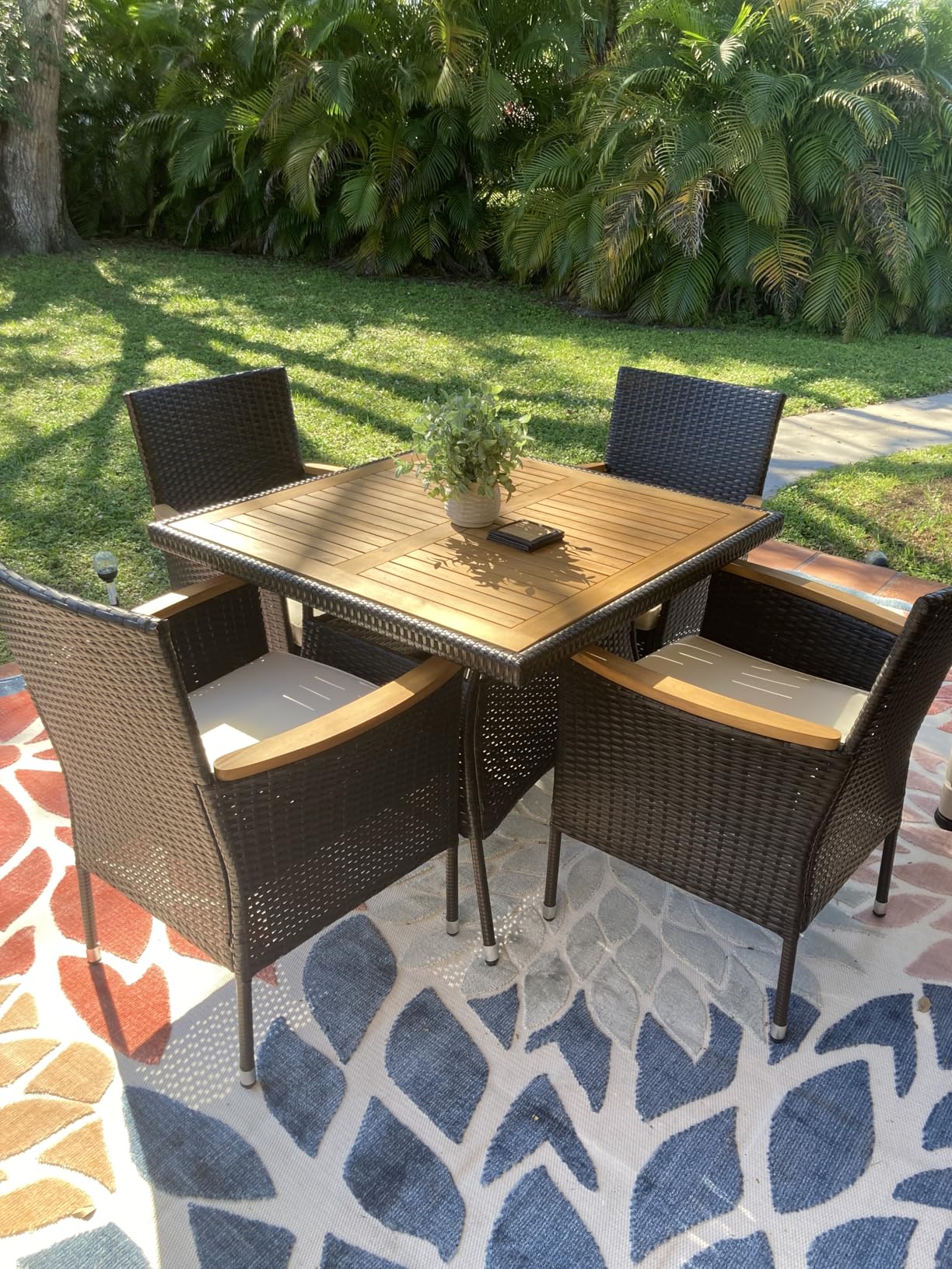 Wisteria Lane Patio Outdoor Table and Chairs Set, Rattan Outdoor Patio Furniture Set with Removable Cushions, Outdoor Patio Dining Sets with Acacia Wood Tabletop for Deck Garden Backyard, Brown - Customer Photo 1