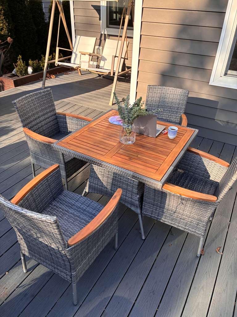 Wisteria Lane Patio Outdoor Table and Chairs Set, Rattan Outdoor Patio Furniture Set with Removable Cushions, Outdoor Patio Dining Sets with Acacia Wood Tabletop for Deck Garden Backyard, Brown - Customer Photo 2