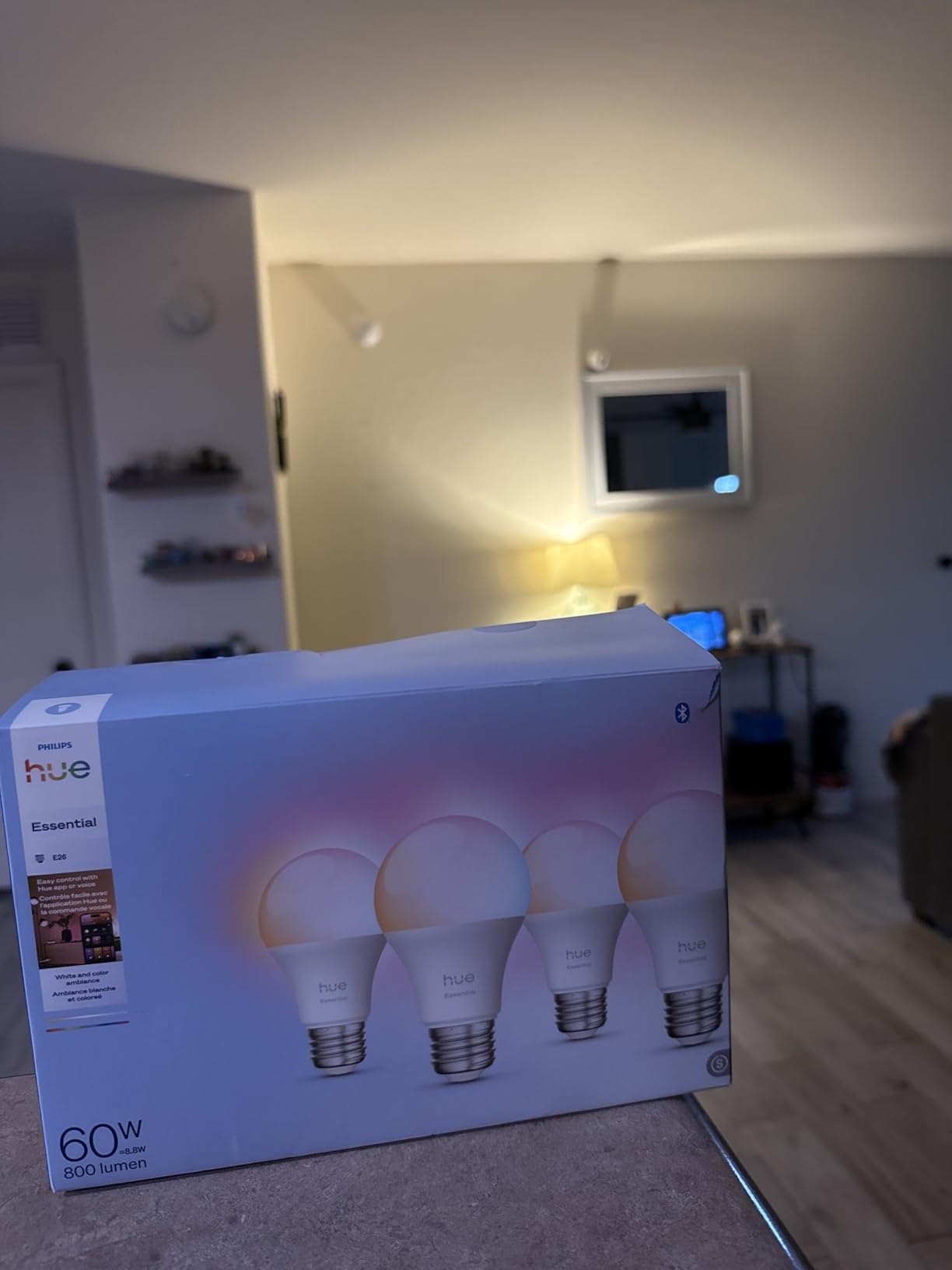 Philips Hue Essential Smart LED A19 Bulb, White and Color Ambiance, E26 Base, 8.8W, 2200K-6500K, 800 Lumens, Dimmable, Works with Alexa, Google, and Apple Home, 4-Pack - Customer Photo 2