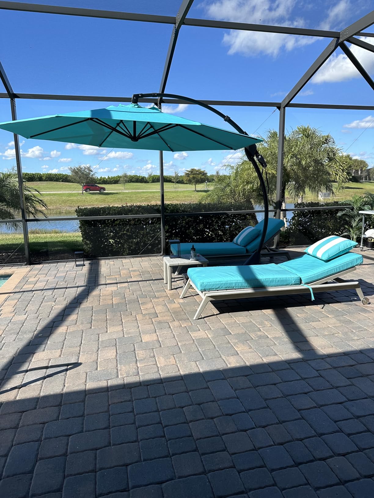 Grand patio 12 FT Sunbrella Cantilever Umbrella with Base Outdoor Aluminum Offset Umbrella with Tilt Adjustment (Flax, 12 FT-SUNBRELLA) - Customer Photo 1