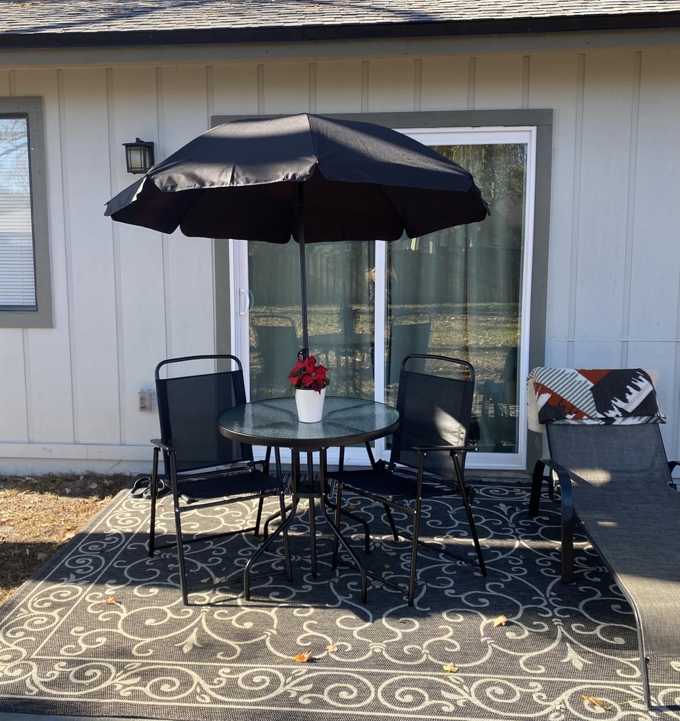 Vongrasig 6 Pieces Folding Patio Dining Set, All Weather Small Metal Outdoor Table and Chairs Set, Patio Furniture Set w/Umbrella, Glass Table & 4 Folding Chairs for Garden, Lawn, Backyard, Brown - Customer Photo 2