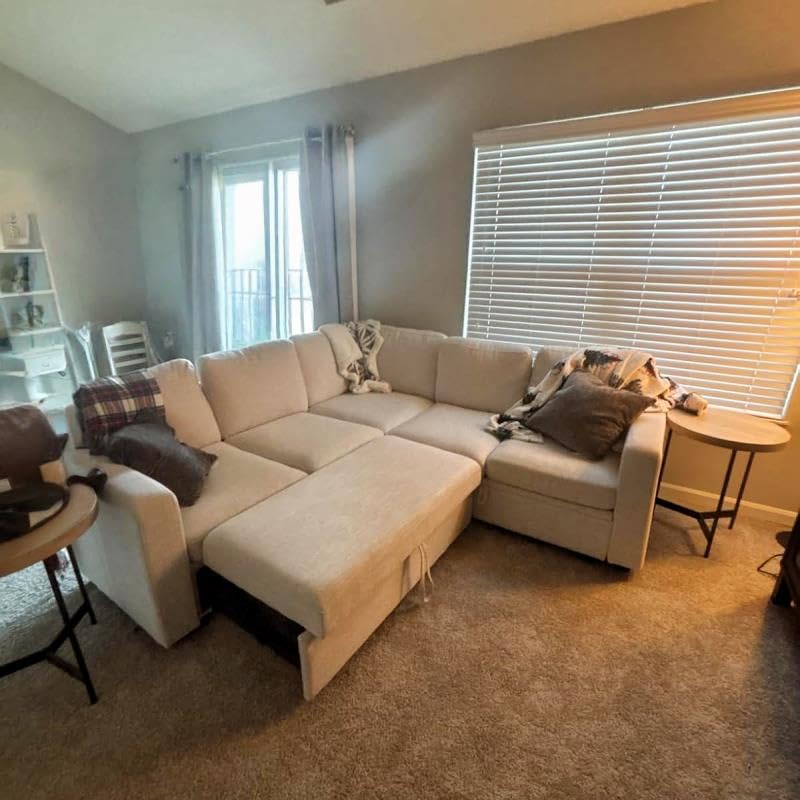 108 Inch Sectional Sleeper L Shaped Sofa with Pull Out Bed, 5 Seat Modular Sectional Sofa with Storage, Modern Chenille Cloud Couch, Small Sectional Couches for Living Room, Apartment, Beige - Customer Photo 2