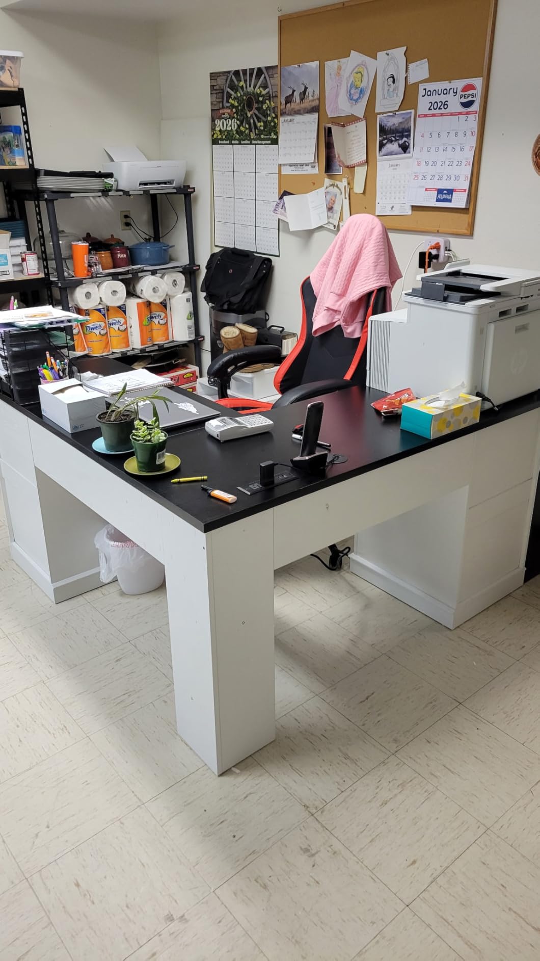 Farmhouse L Shaped Executive Desk with 4 Drawers, Home Office Desk with Hidden Under-Desk Storage Shelf and Charging Station, File Cabinet Storage, Wood Corner Computer Desk for Work(White+Black) - Customer Photo 1