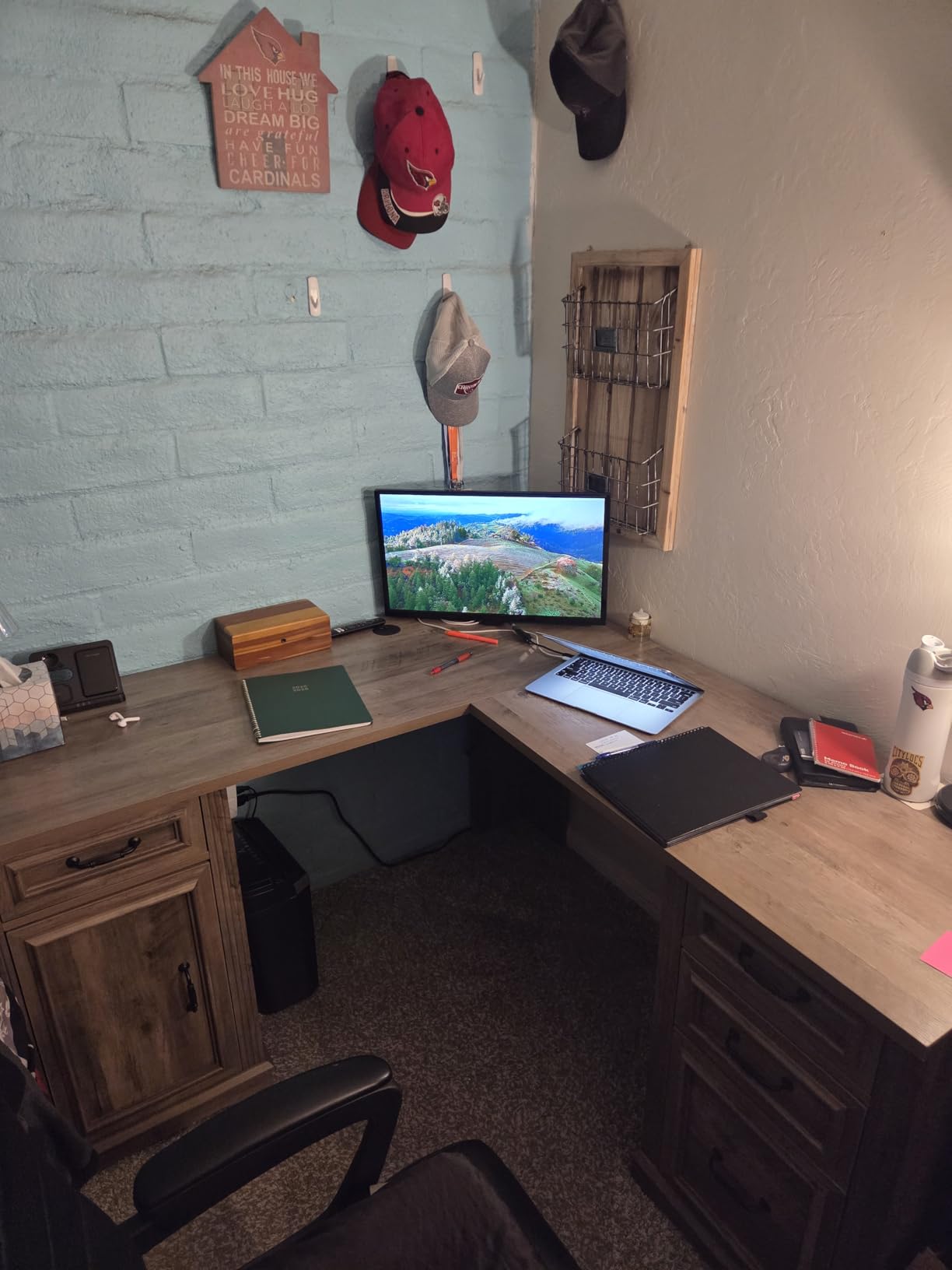 Farmhouse L Shaped Executive Desk with 4 Drawers, Home Office Desk with Hidden Under-Desk Storage Shelf and Charging Station, File Cabinet Storage, Wood Corner Computer Desk for Work(White+Black) - Customer Photo 2