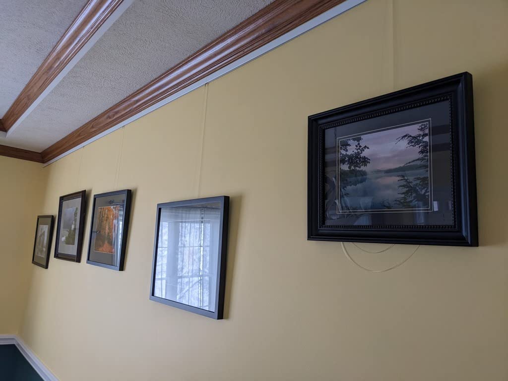 STAS Cliprail Pro Picture Hanging System Set - Covers 19.69 ft of Wall Space - Heavy Duty Picture Rail & Art Hanging Gallery Kit Without Nails - Home or Museum (Matte Silver Rails, 8 Hooks & Cords) customer photo 1