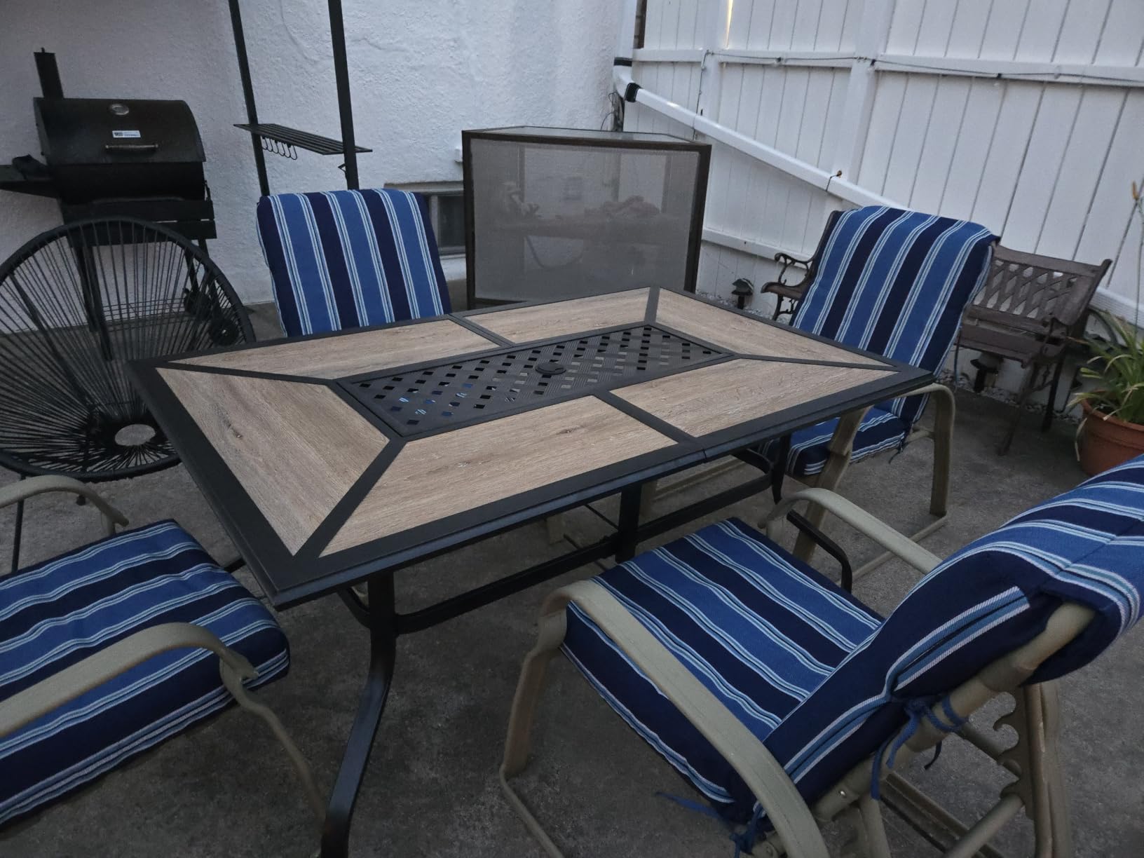 HERA'S HOUSE Patio Table, 8 Person Outdoor Dining Table with Umbrella Hole, Rectangle Black Metal Table for Lawn Garden Backyard Restaurant, 83