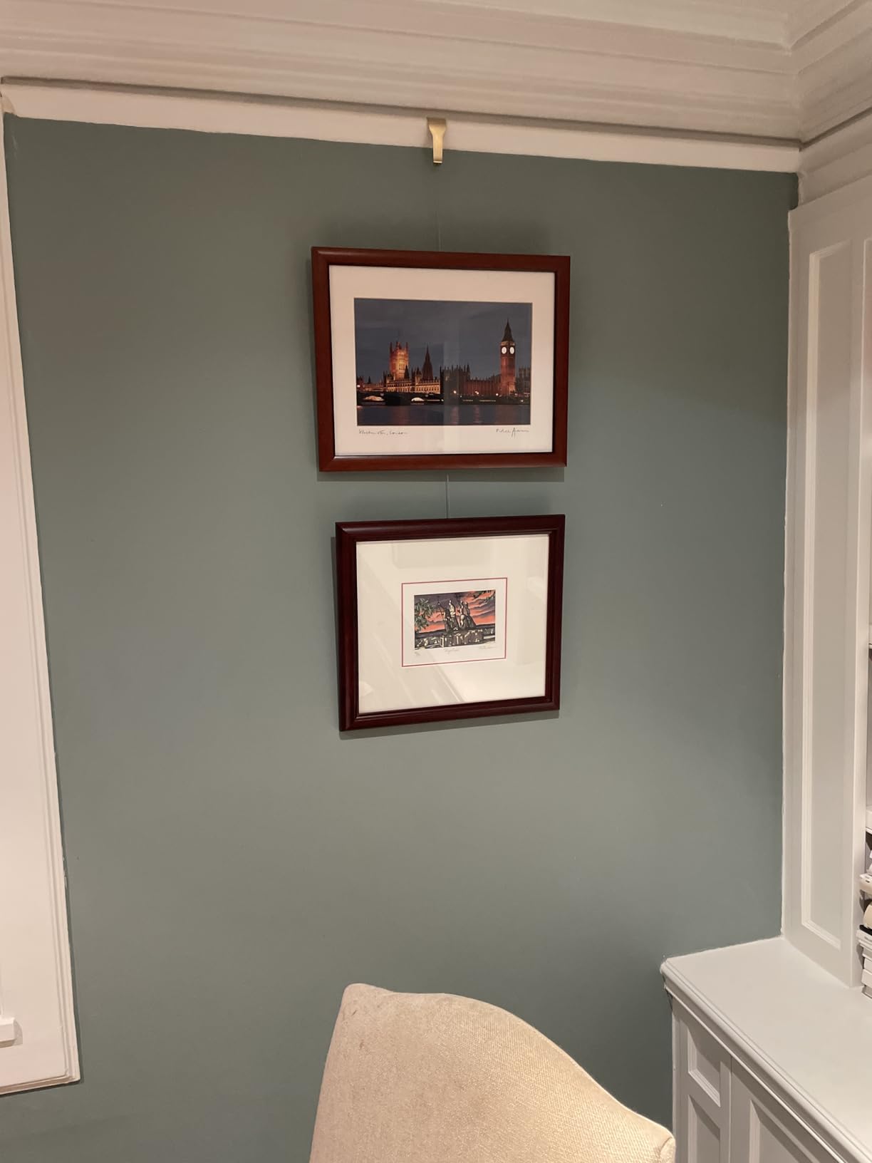 Picture Rail Molding Hangers, Art Gallery Quality - Instantly Adjustable: Choose Brushed Brass or Stainless Steel Hangers with 5 Molding Hooks, 5 Picture Hooks and 6.5-Foot Cables customer photo 1