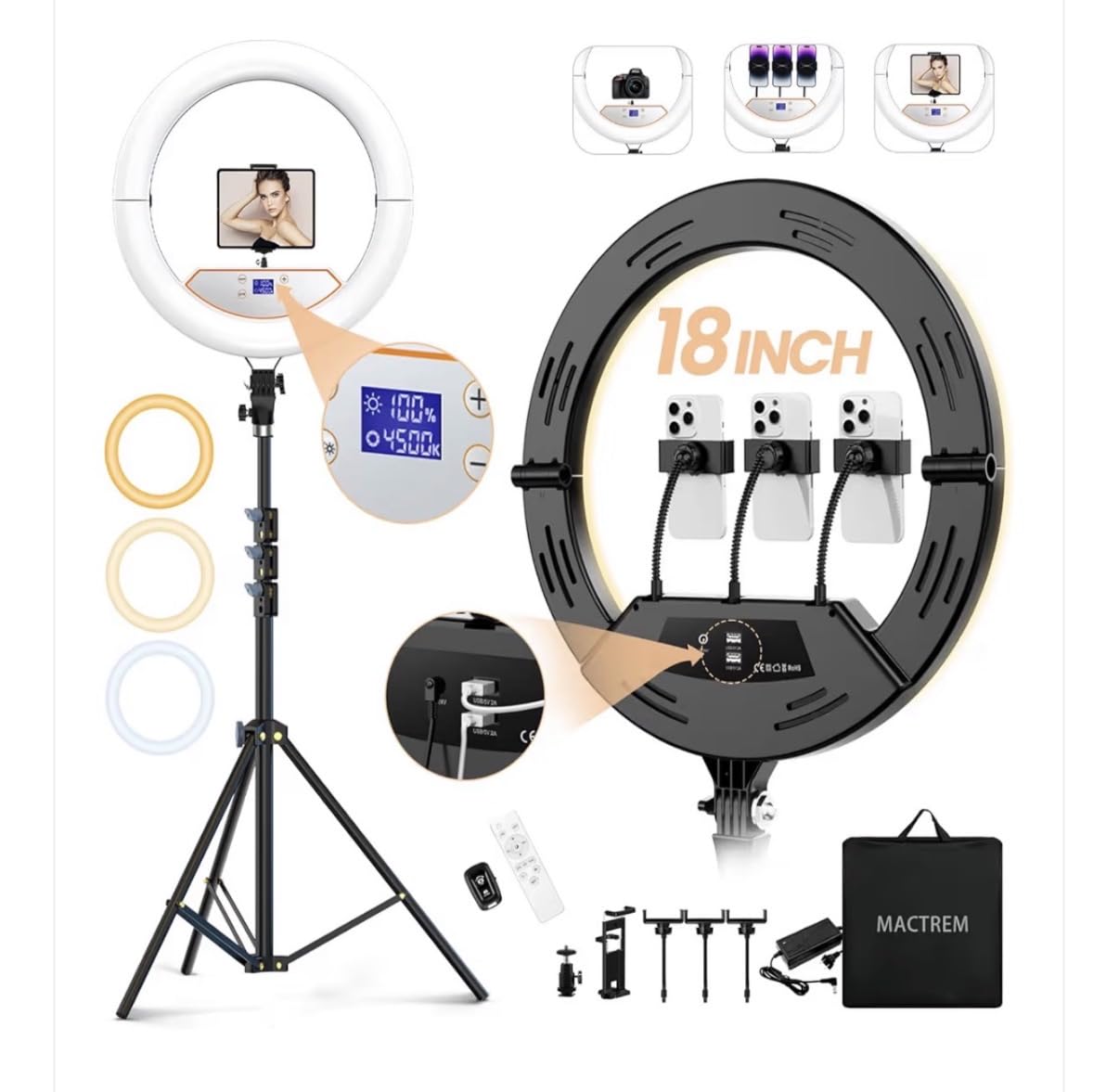 22'' Ring Light with 75'' Tripod Stand, LED Display/2 USB Ports/6500K Dimmable Ring Light for ipad Phone Holder for Tattoo Lash Live Makeup Video Recording TikTok Barber Stylist Photography customer photo 1