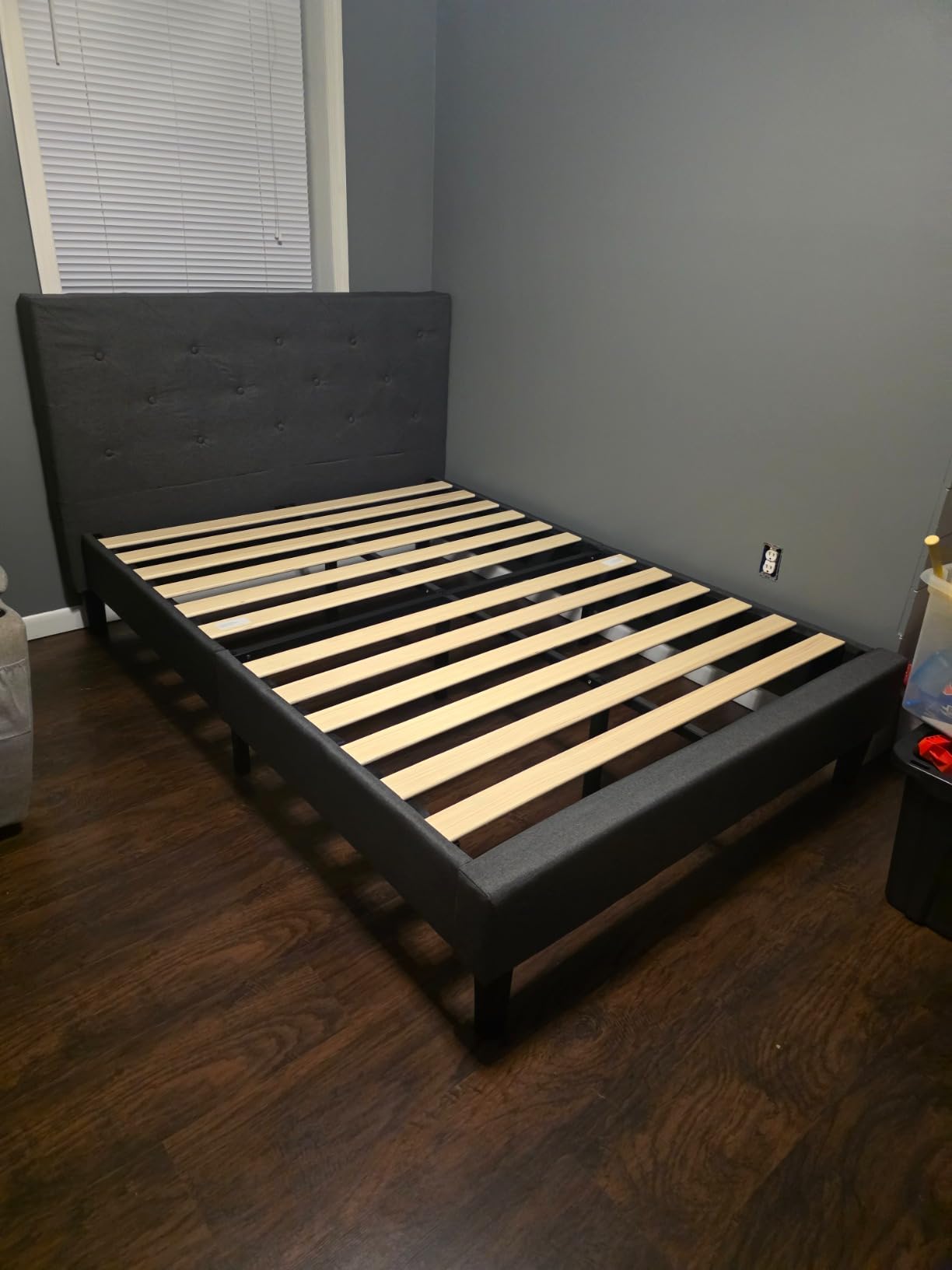 Zinus Shalini Upholstered Platform Bed Frame, Mattress Foundation, Wood Slat Support, No Box Spring Needed, Easy Assembly, Dark Grey, Queen customer photo 1