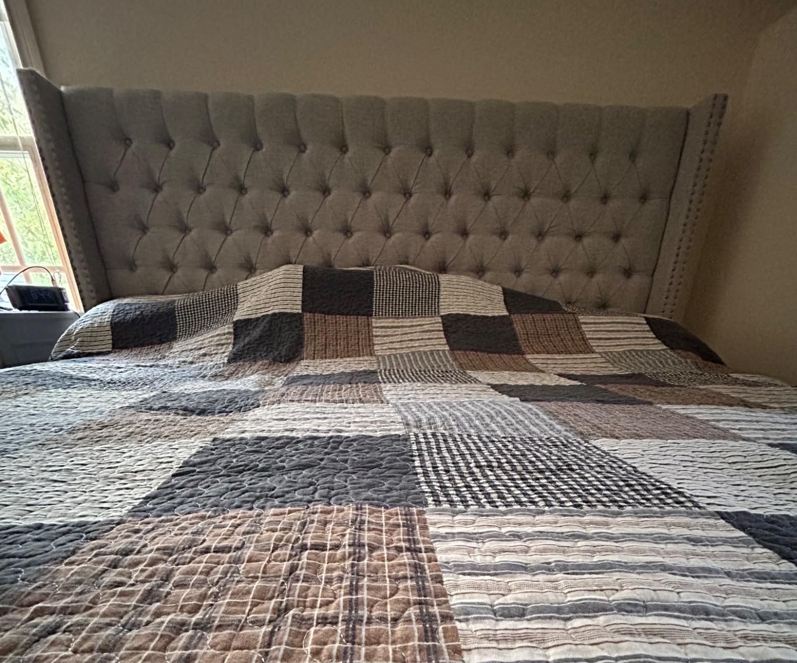 Madison Park Amelia Upholstered Headboard | Nail Head Trim Wingback Button Tufted | Queen, Cream customer photo 2