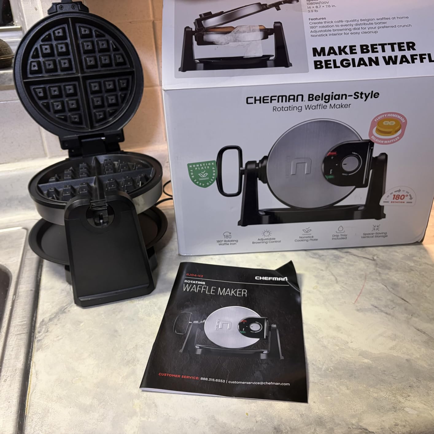 Chefman Rotating Belgian Waffle Maker, 180 Flip Iron w/ Non-Stick Plates, Adjustable Timer, Locking Lid, & Drip Plate, Space Saving Storage, Mess-Free Breakfast, Stainless Steel/Black customer photo 2