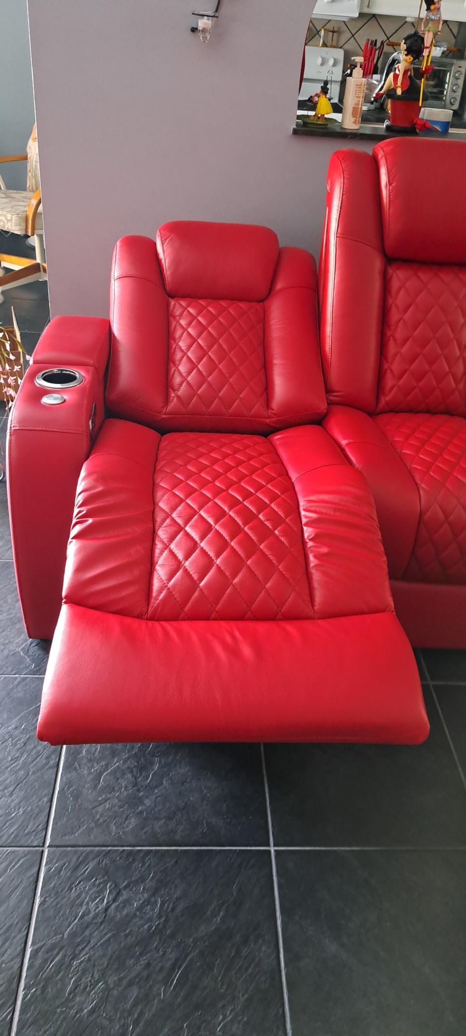 Seatcraft Anthem Home Theater Seating - Italian Leather - Power Recline Sofa - Fold-Down Table - Powered Headrests - Arm Storage - USB Charging - Cup Holders, Black customer photo 1