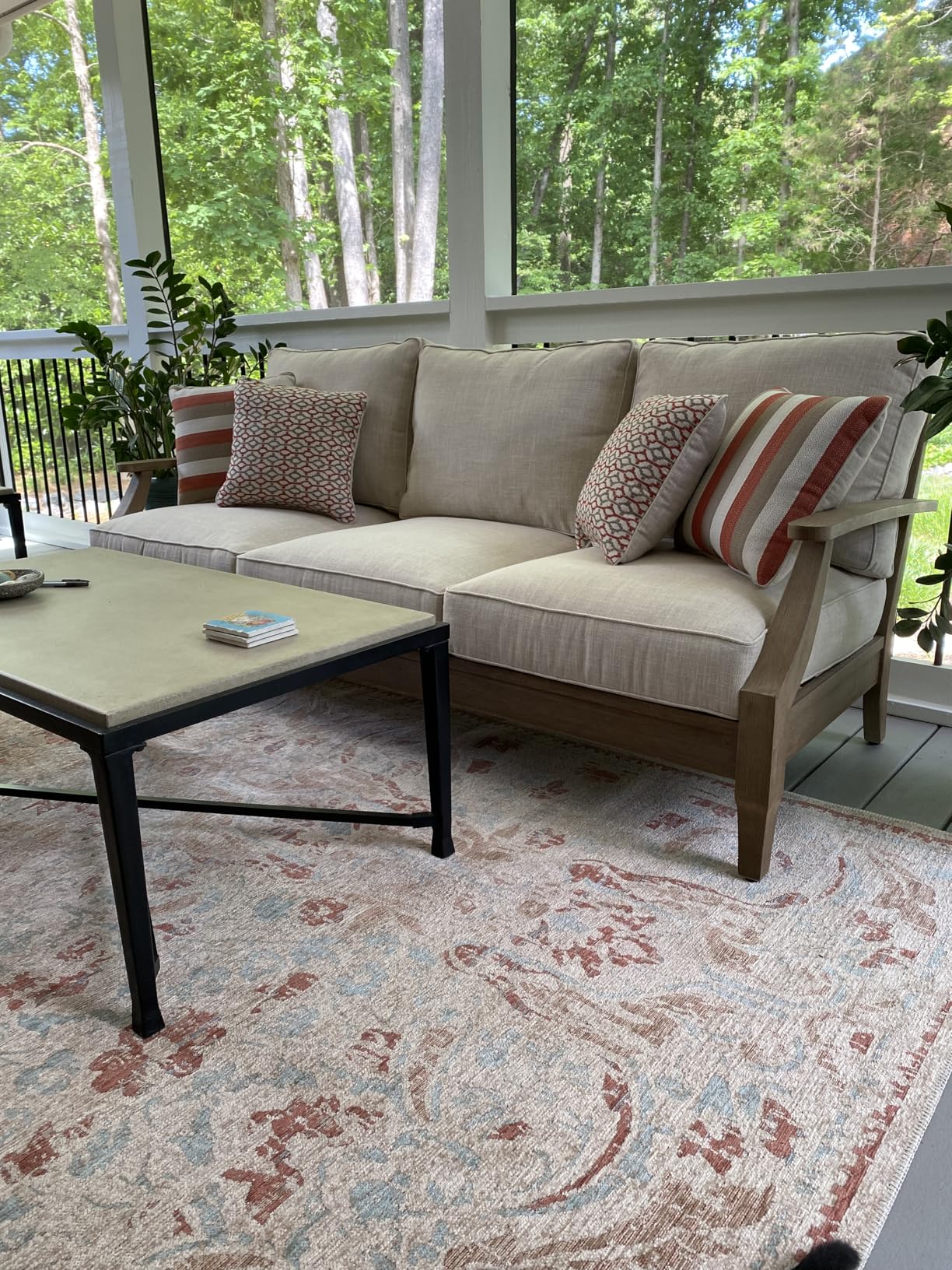 Signature Design by Ashley Clare View Outdoor Patio Sofa, 4 Throw Pillows, Nuvella Weather Resistant Fabric, Eucalyptus Wood, 81