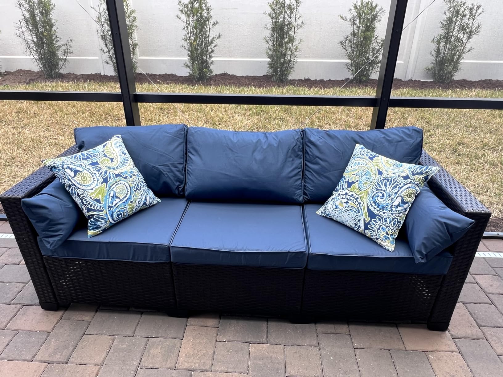 Rattaner 3-Seat Patio Wicker Sofa, Outdoor Rattan Couch Furniture Steel Frame with Furniture Cover and Deep Seat High Back, Blue Anti-Slip Cushion customer photo 2