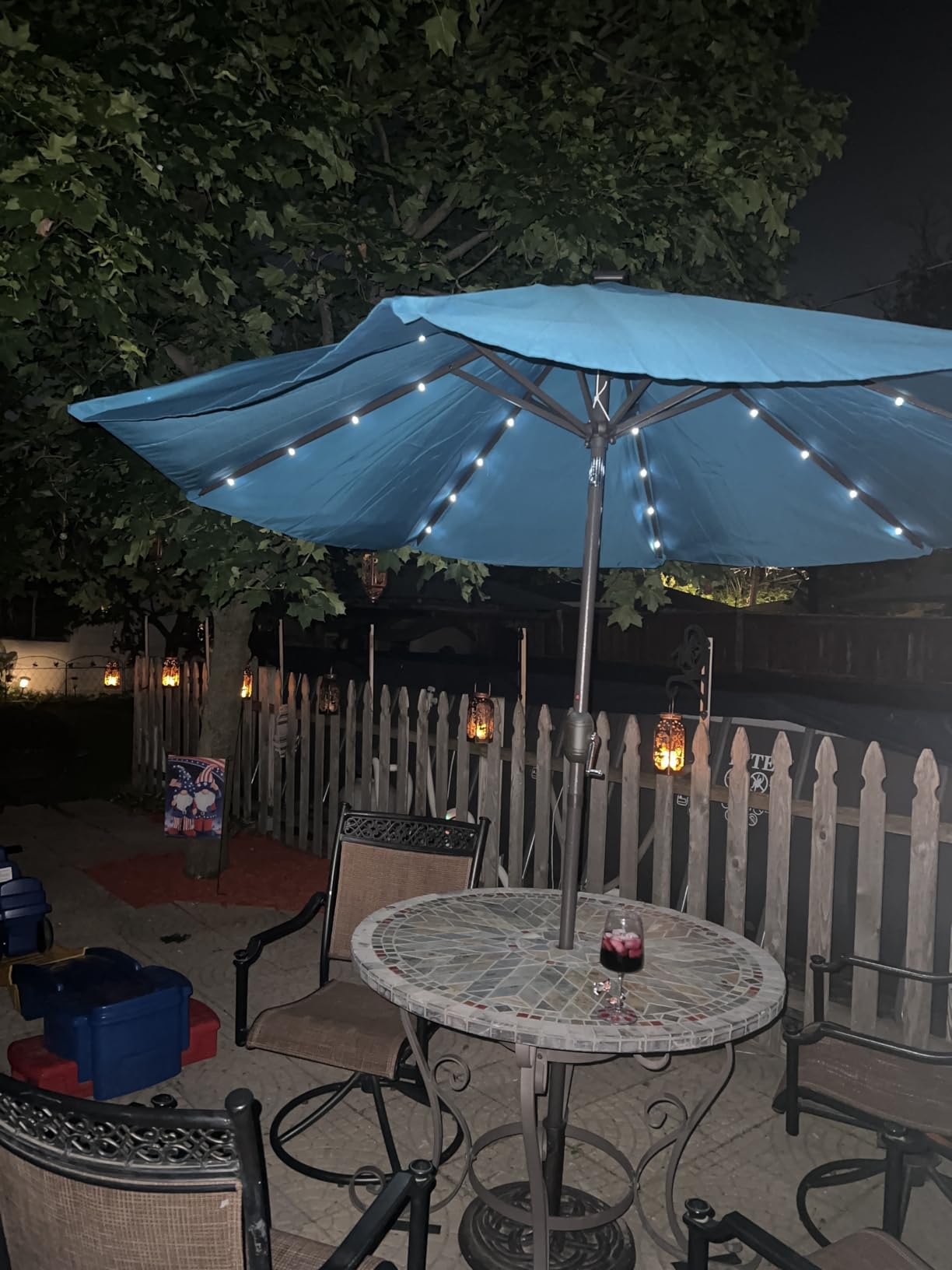Blissun 9 ft Solar Umbrella 32 LED Lighted Patio Umbrella Table Market Umbrella with Tilt and Crank Outdoor Umbrella for Garden, Deck, Backyard, Pool and Beach (Cerulean) customer photo 2