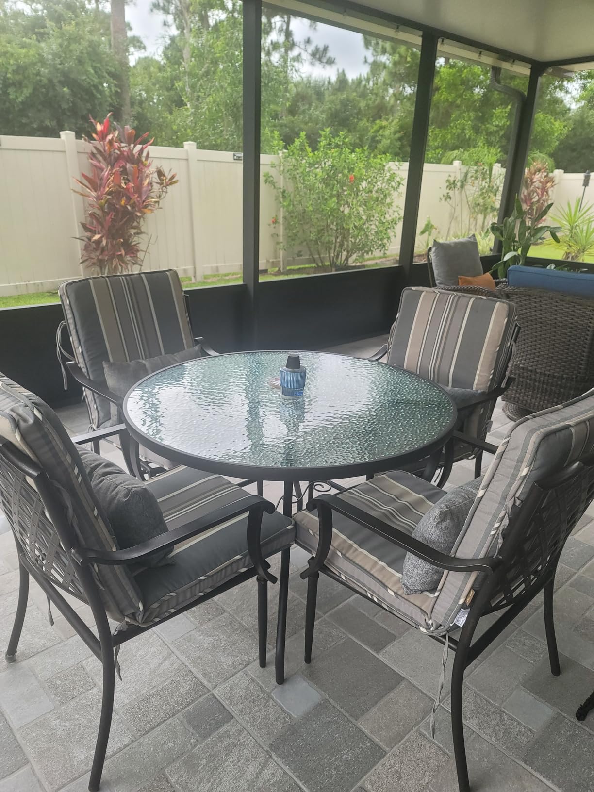 Garden Elements Outdoor Patio Furniture, Round Dining Table, Steel Base and Rim with Water-Wave Glass Top, Brown, 40