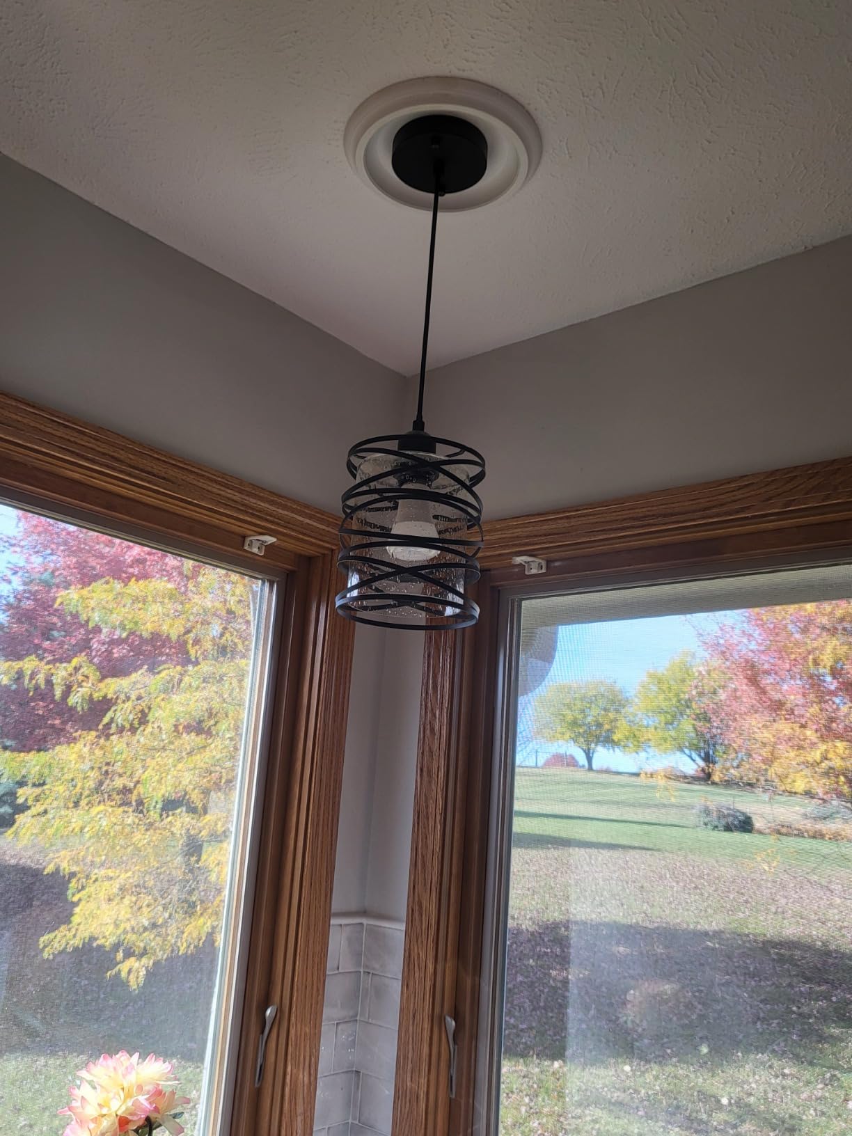 Modern Mini Pendant Light Fixture Kitchen Island Pendant Lighting 6.30'' Matte Black Spiral Cage Handblown Clear Seeded Glass Shade Hanging Lamp Adjustable Cord for Dining Room 1-Pack,E26 customer photo 2