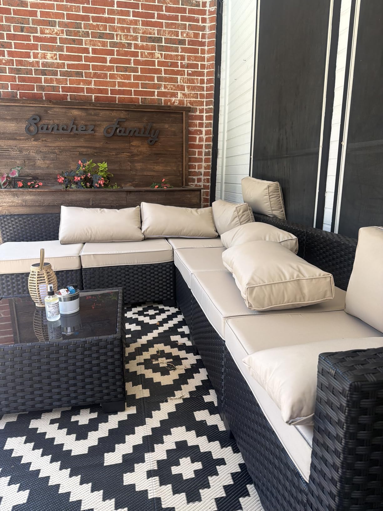 Lviden 7 Pieces Outdoor PE Wicker Furniture Set Patio Rattan Sectional Conversation Sofa Set with Navy Blue Cushions and Glass Top Table customer photo 1