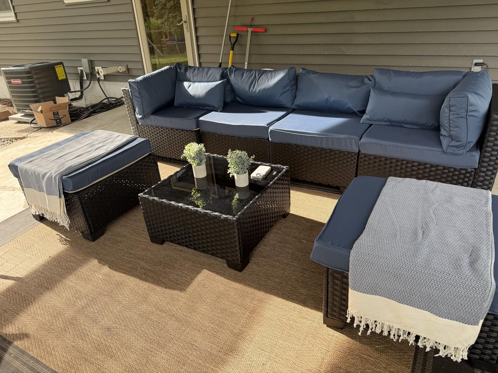 Lviden 7 Pieces Outdoor PE Wicker Furniture Set Patio Rattan Sectional Conversation Sofa Set with Navy Blue Cushions and Glass Top Table customer photo 2