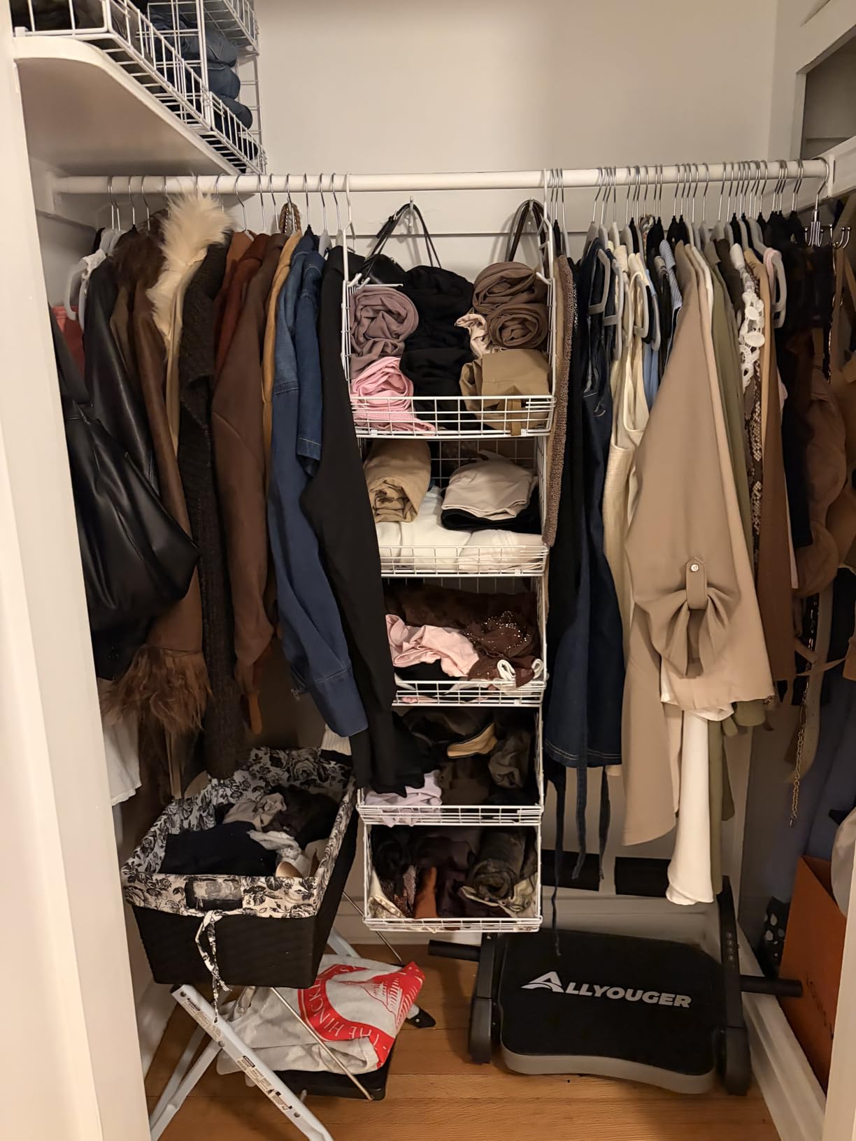 5 Tier Closet Hanging Organizer, Clothes Hanging Shelves with 4 Hanging Hooks 5 S Hooks, Wire Storage Basket Bins, for Clothing Sweaters Shoes Handbags Clutches Accessories Patent Design customer photo 1