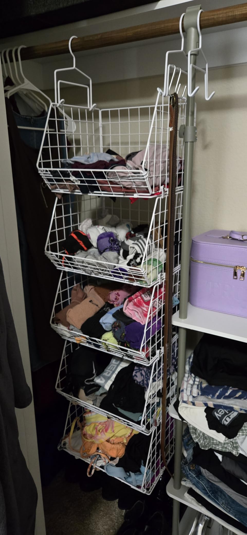 5 Tier Closet Hanging Organizer, Clothes Hanging Shelves with 4 Hanging Hooks 5 S Hooks, Wire Storage Basket Bins, for Clothing Sweaters Shoes Handbags Clutches Accessories Patent Design customer photo 2