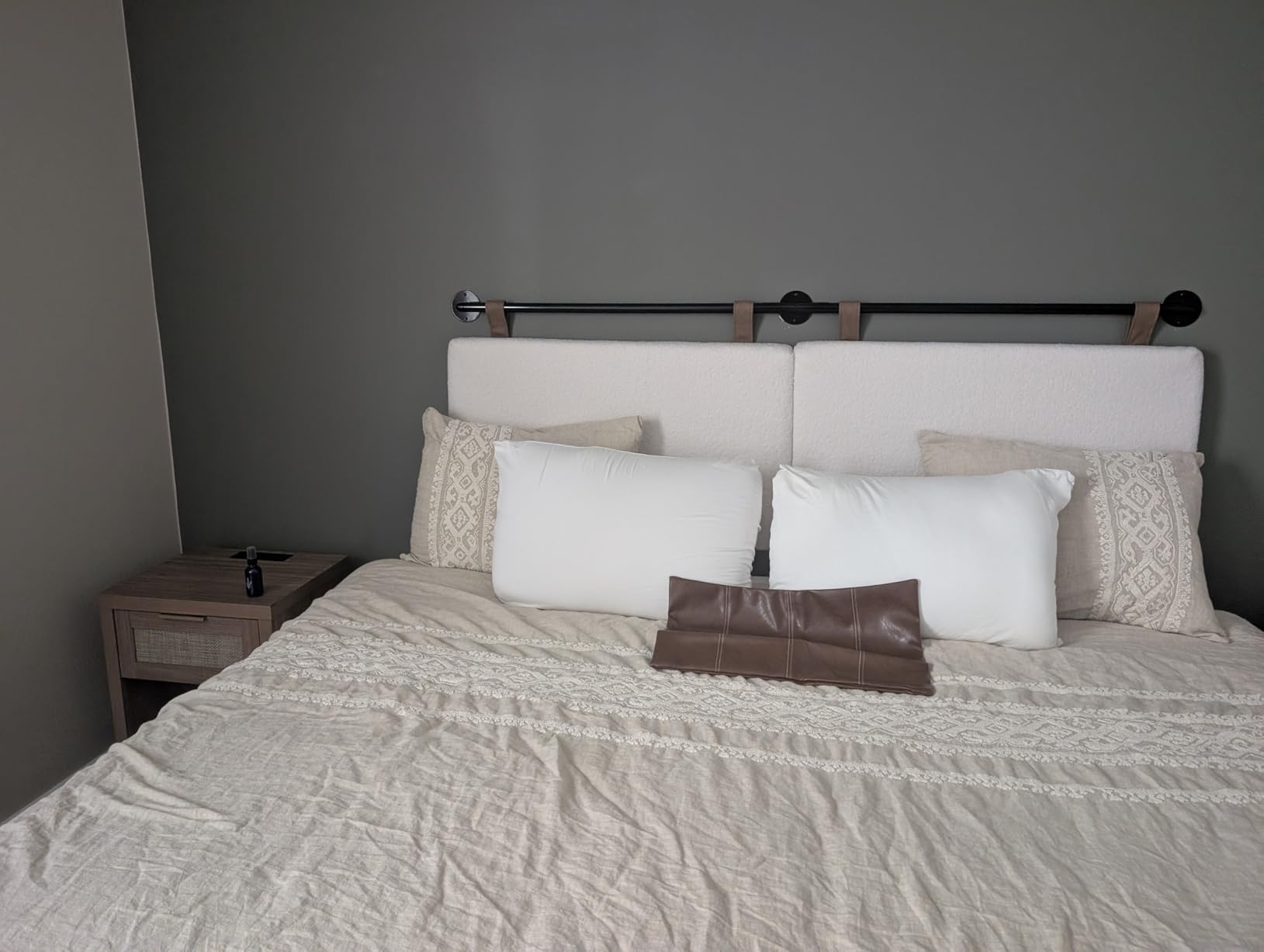 Nathan James Charlie Wall Mount Hanging Upholstered Headboard, Queen, White Boucle with Brown Faux Leather Straps customer photo 1