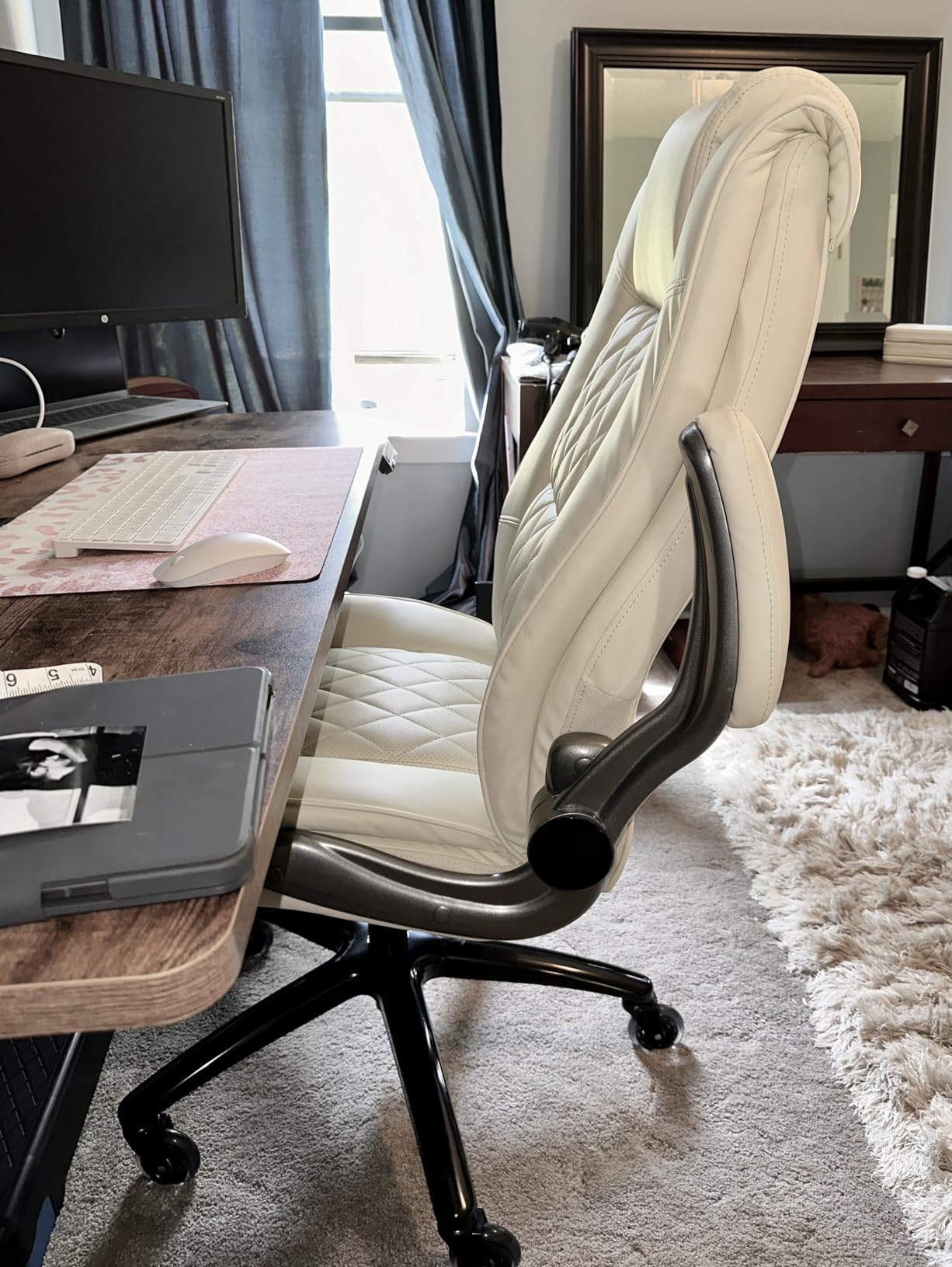 High Back Office Chair- Flip Arms Adjustable Built-in Lumbar Support, Executive Computer Desk Chair Work Chairs, Thick Padded Strong Metal Base Quiet Wheels, Ergonomic Design for Back Pain customer photo 2