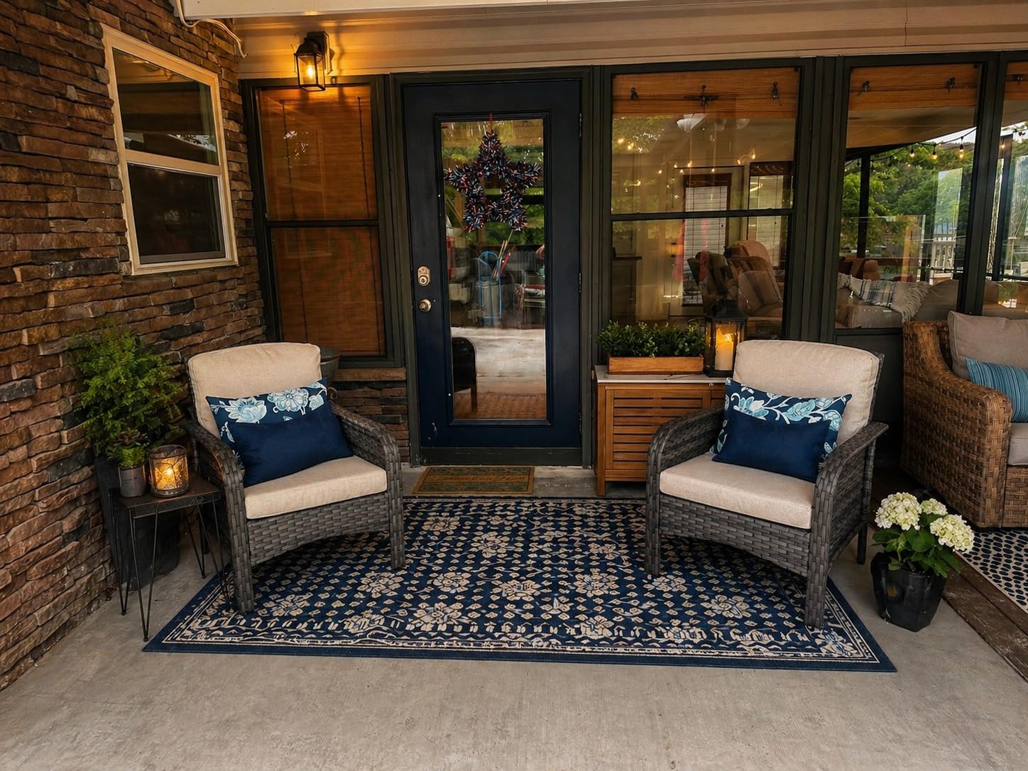 ovios 4-Piece Patio Furniture Set, Outdoor Wicker Sofa with Chairs Coffee Table, High Back Rattan Couch Loveseat with Comfy Cushions for Porch Yard Deck, Denim Blue customer photo 2