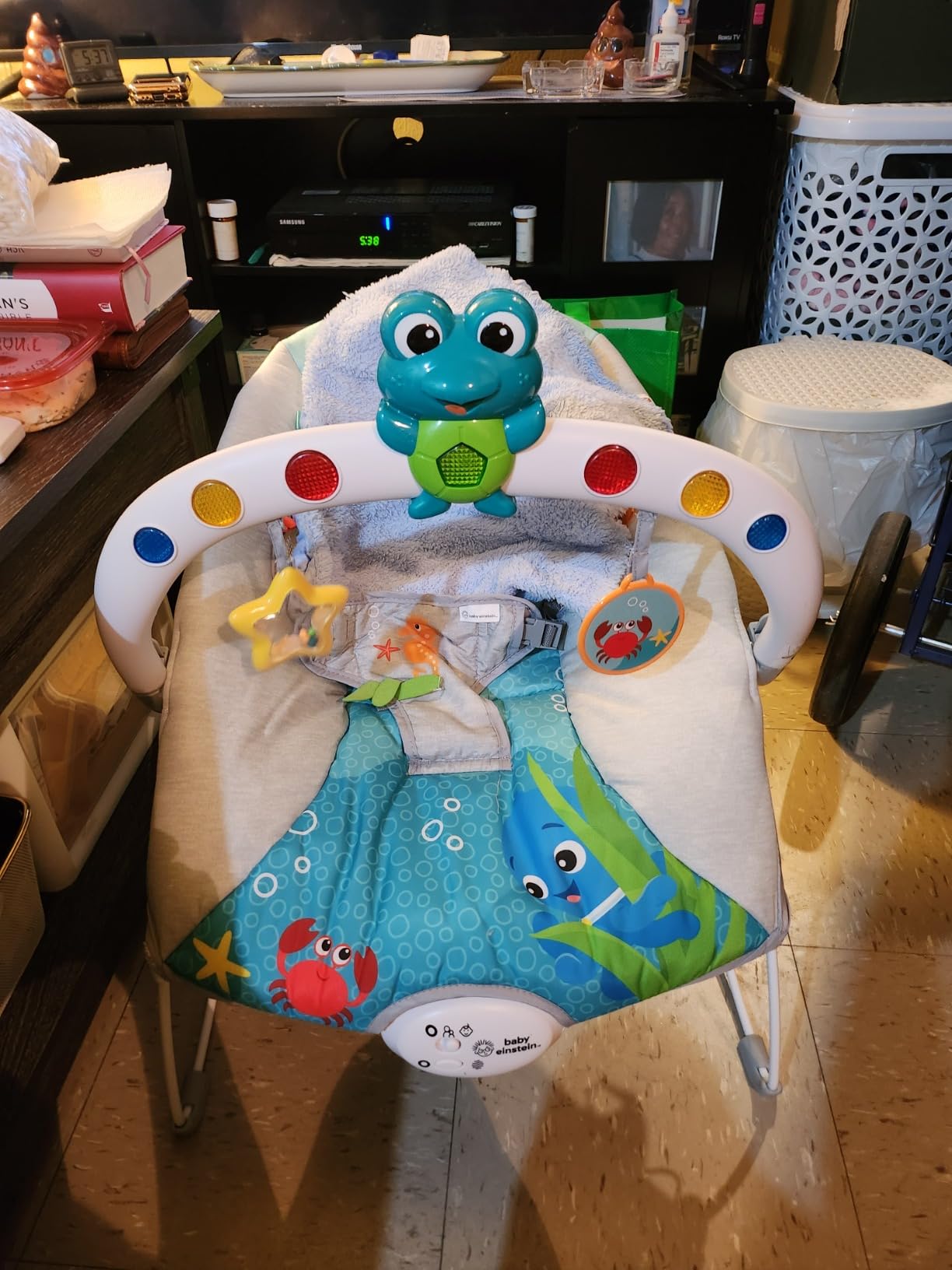 Baby Einstein Ocean Explorers Musical Bouncer Infant Seat, Kick to It Neptune, Unisex, for Ages 0-6 Months up to 20 lbs customer photo 2