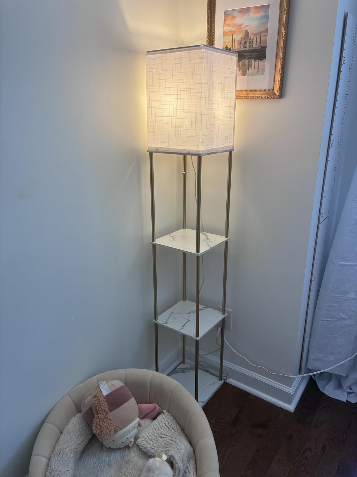 Floor Lamp with Shelves for Living Room, Shelf Floor Lamp with 3 CCT LED Bulb, Corner Display Standing Column Lamp Etagere Organizer Tower Nightstand with White Linen Shade for Bedroom, Office customer photo 1