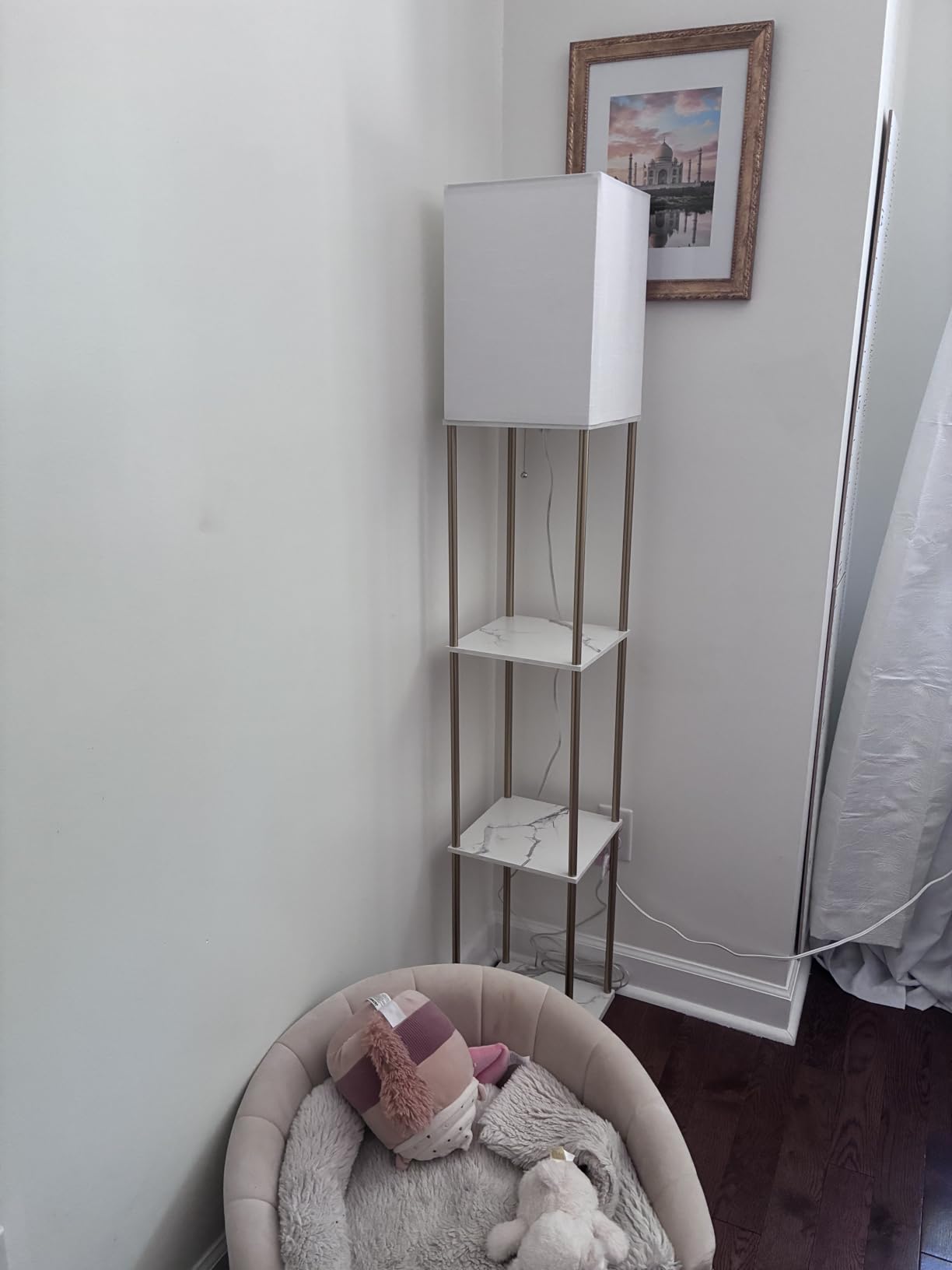 Floor Lamp with Shelves for Living Room, Shelf Floor Lamp with 3 CCT LED Bulb, Corner Display Standing Column Lamp Etagere Organizer Tower Nightstand with White Linen Shade for Bedroom, Office customer photo 2