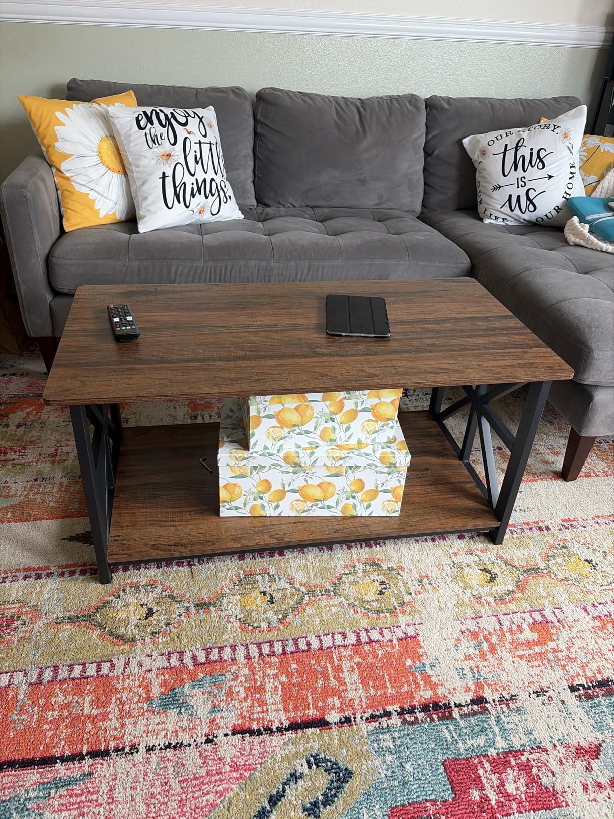 GreenForest Coffee Table with Round Corner, Farmhouse Center Table with 2-Tier Storage Shelf X-Frame Design for Living Room, 39 inch Walnut customer photo 1