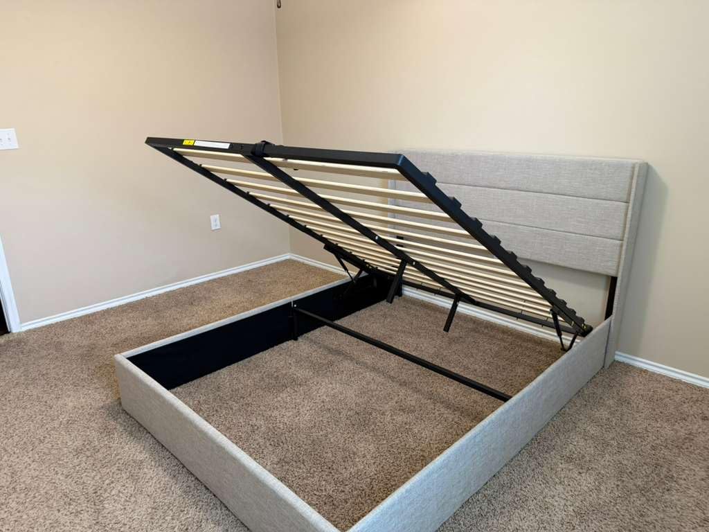 Allewie King Size Lift Up Storage Bed, Modern Wingback Headboard, Hydraulic Support, No Box Spring Needed, Light Beige customer photo 1