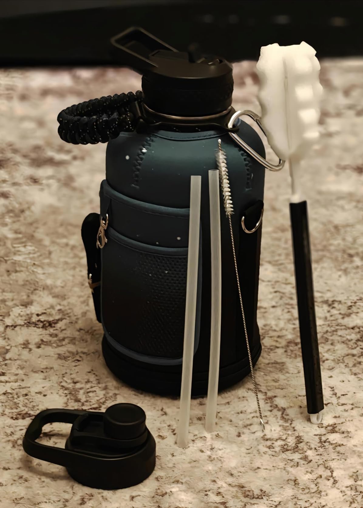 RAYMYLO Insulated Water Bottle 64 oz, Triple Wall Vacuum Stainless Steel (Cold for 48 Hrs), Leak Proof & Non-BPA, Half Gallon Water Flask Jug with Paracord Handle & Straw Spout Lids, Magic Black customer photo 2