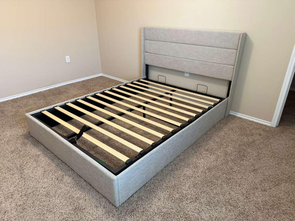 Allewie Queen Size Lift Up Storage Bed, Modern Wingback Headboard, Hydraulic Support, No Box Spring Needed, Light Beige customer photo 2