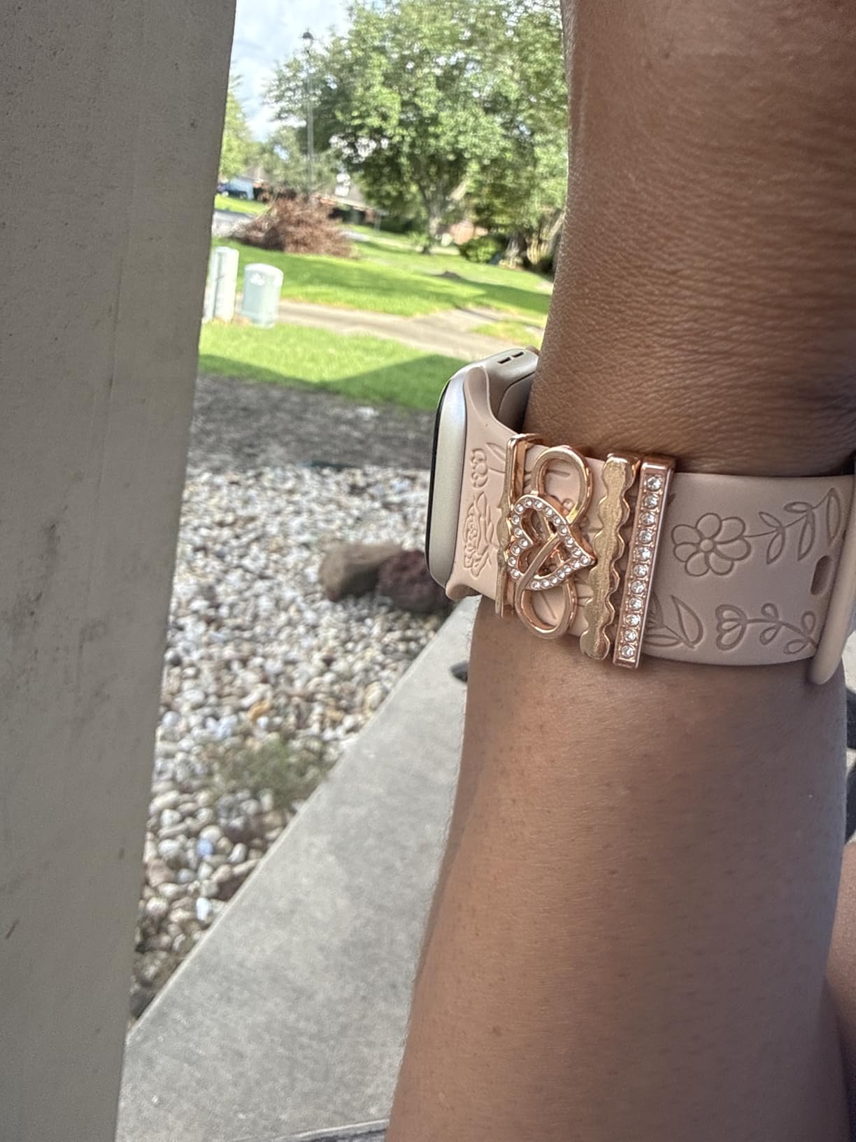 DaQin Flower Engraved Band Compatible with Apple Watch Bands for Women 40mm 38mm 41mm 42mm, Soft Silicone Strap With Dressy Decorative Apple Watch Charms for iWatch Series 11 10 9 8 7 6 5 4 3 2 1 SE customer photo 2