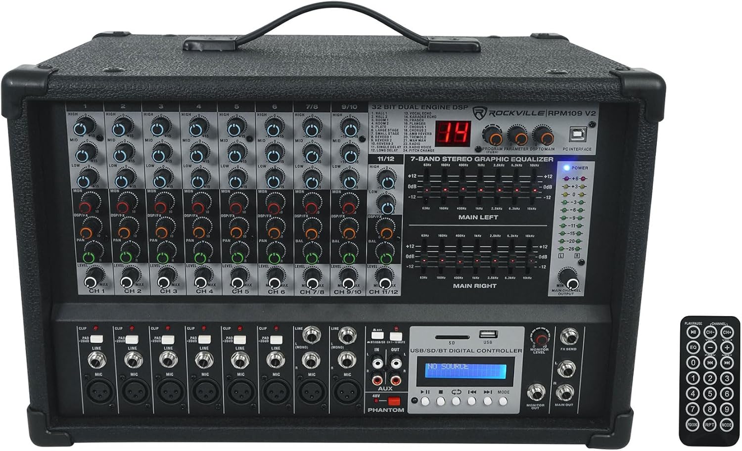 Rockville RPM109 V2 12 Channel Powered Mixer, 4800W Peak/600W RMS x2 @4 Ohm, Bluetooth/USB/SD Playback & Recording, 24 Digital Effects, 3-Band EQ Per Channel, 7-Band Stereo EQ, for Live Sound & Studio customer photo 1