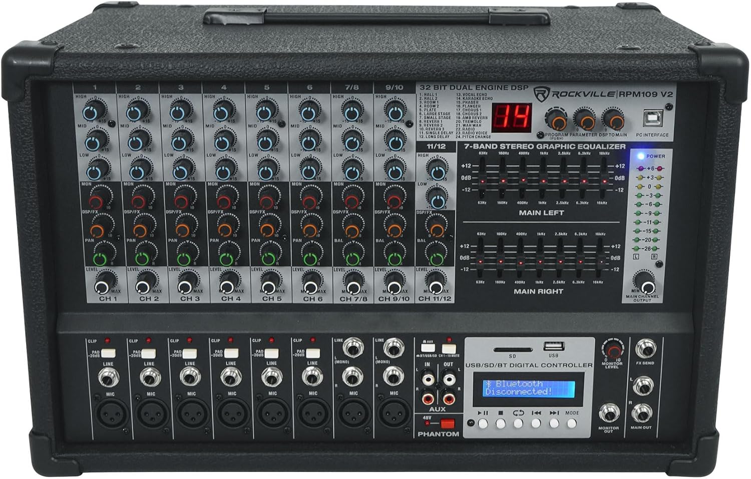 Rockville RPM109 V2 12 Channel Powered Mixer, 4800W Peak/600W RMS x2 @4 Ohm, Bluetooth/USB/SD Playback & Recording, 24 Digital Effects, 3-Band EQ Per Channel, 7-Band Stereo EQ, for Live Sound & Studio customer photo 2