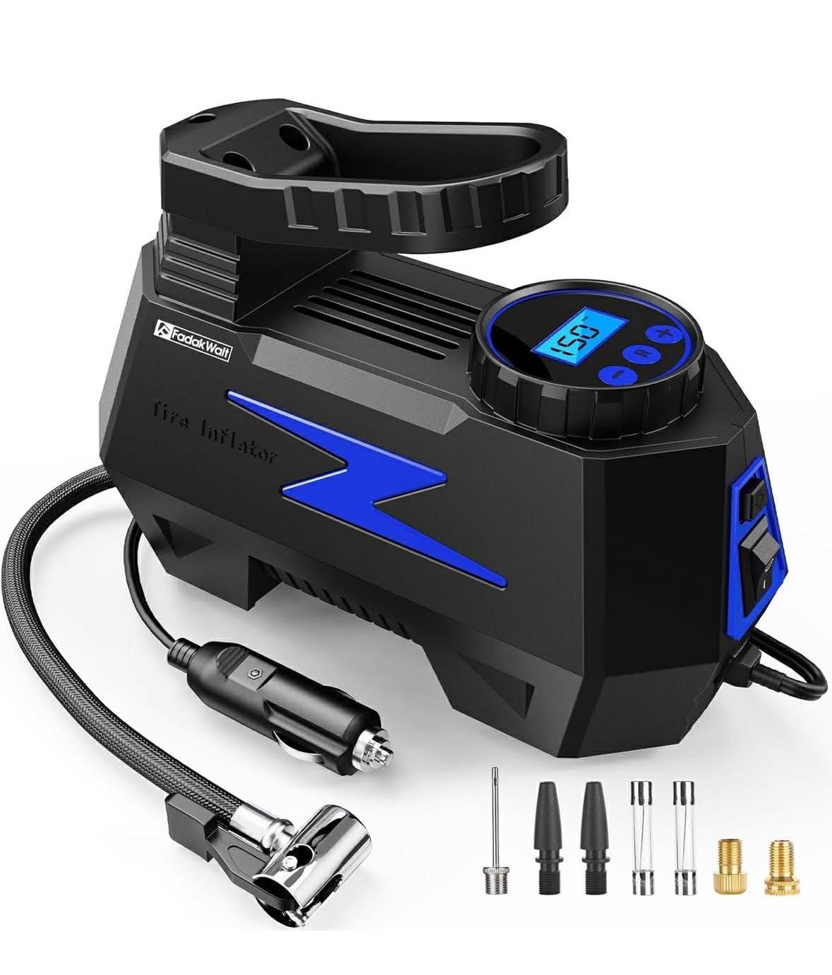 FADAKWALT Tire Inflator Portable Air Compressor, 12V DC Car Air Pump with Auto Shutoff, 150 PSI Digital Gauge, LED Light, Metal Valve Connector, Accessories for Cars, Blue customer photo 1