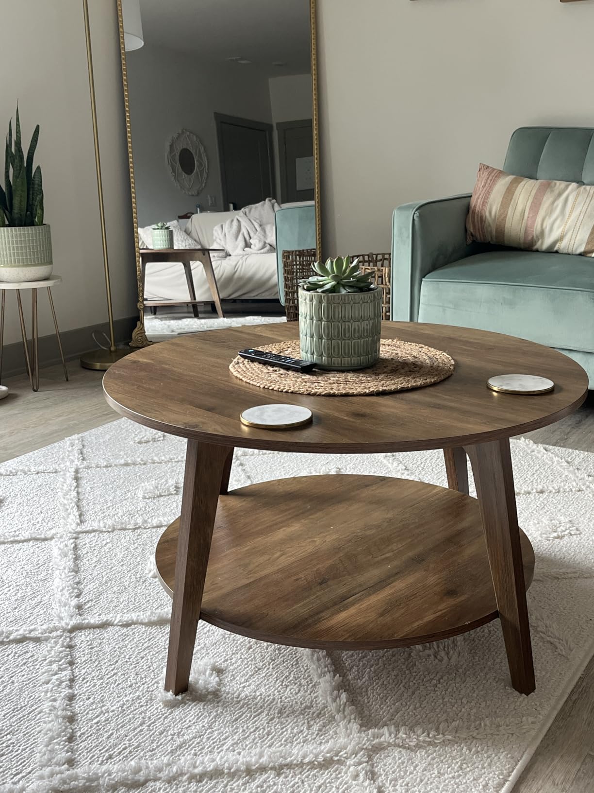 VASAGLE MAEZO Collection - Round Coffee Table, 2-Tier Center Table with Storage, Tapered Legs, Curved Transitions, 31.5 Dia. x 17.7 H Inches, Easy Assembly, for Living Room, Honey Brown ULCT243K41 customer photo 2