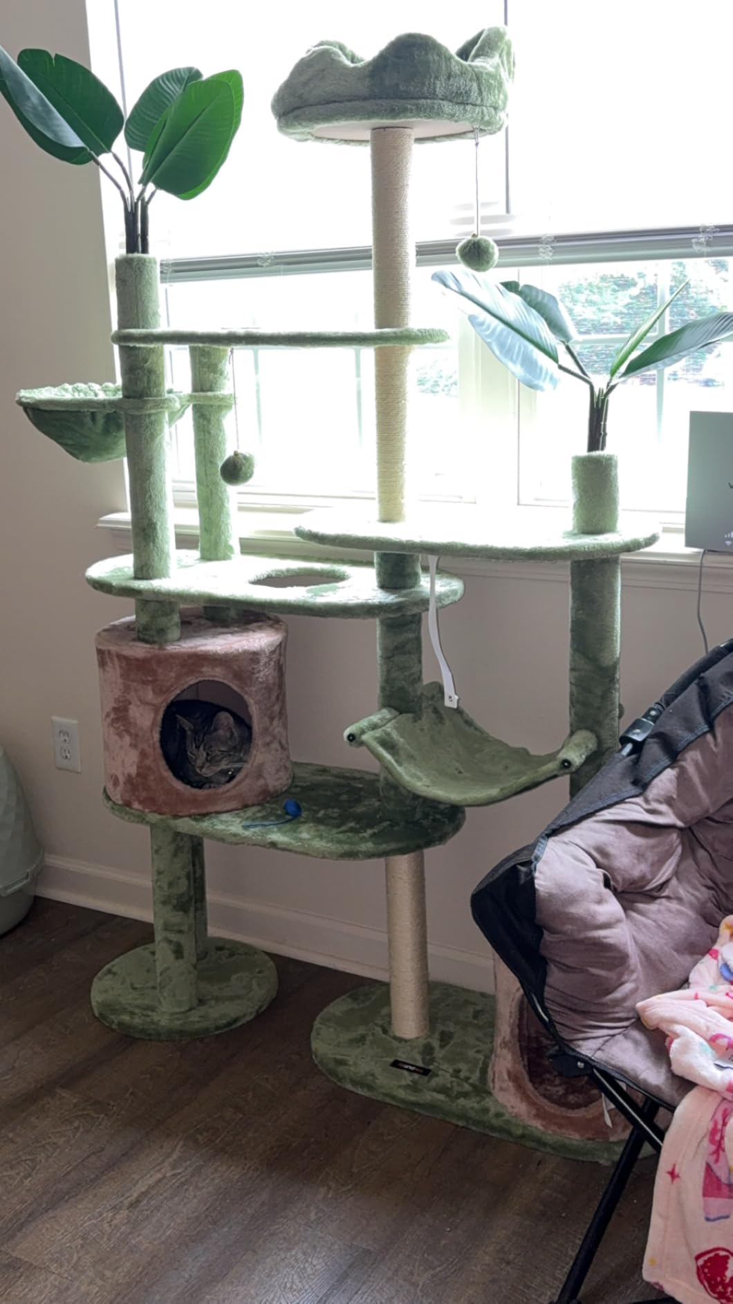 Feandrea Cat Tree, 68.1-Inch Tall Cat Tower, Multi-Level Plush Condo with Artificial Leaves, 3 Scratching Posts, 2 Pompoms with Bells, Grass Green and Camel Brown UPCT330C01 customer photo 1
