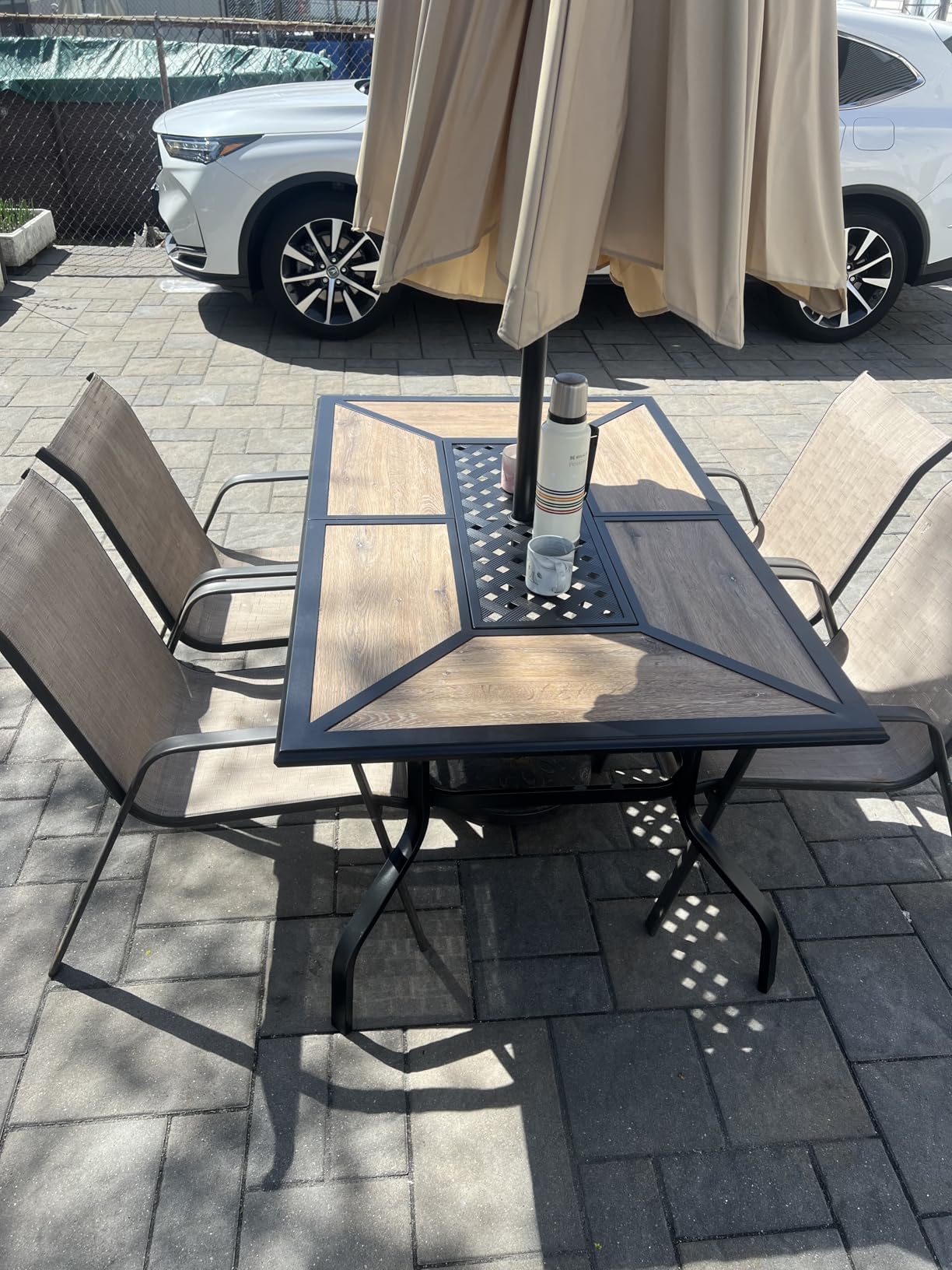 MFSTUDIO Outdoor Patio Dining Table for 6, Rectangular Patio Furniture Table with Metal Frame and Immitation Top, Adjustable Umbrella Hole customer photo 1