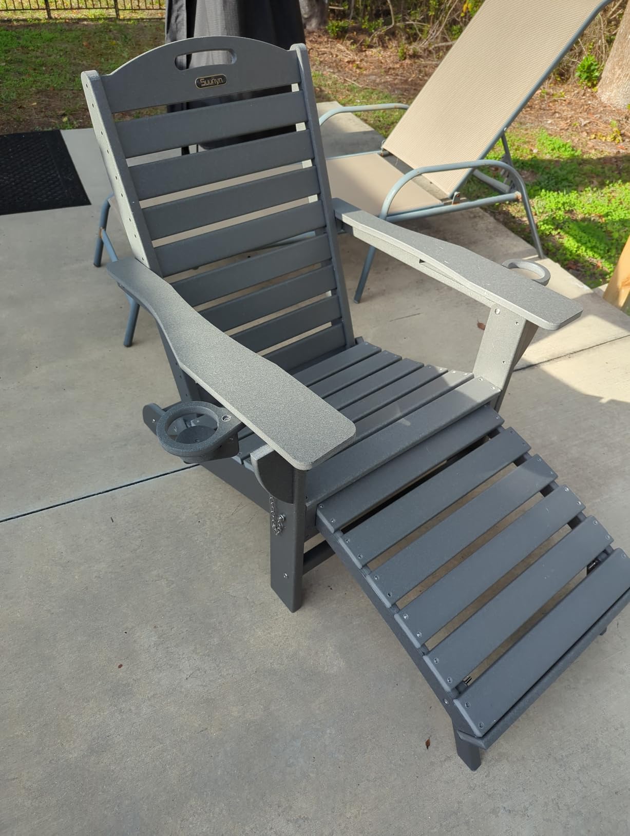 Folding Adirondack Chair with Retractable Ottoman Weather Resistant Fire Pit Chair Patio Chair with 2 Cup Holder Lawn Outdoor Lounge Chair (Teak) customer photo 2