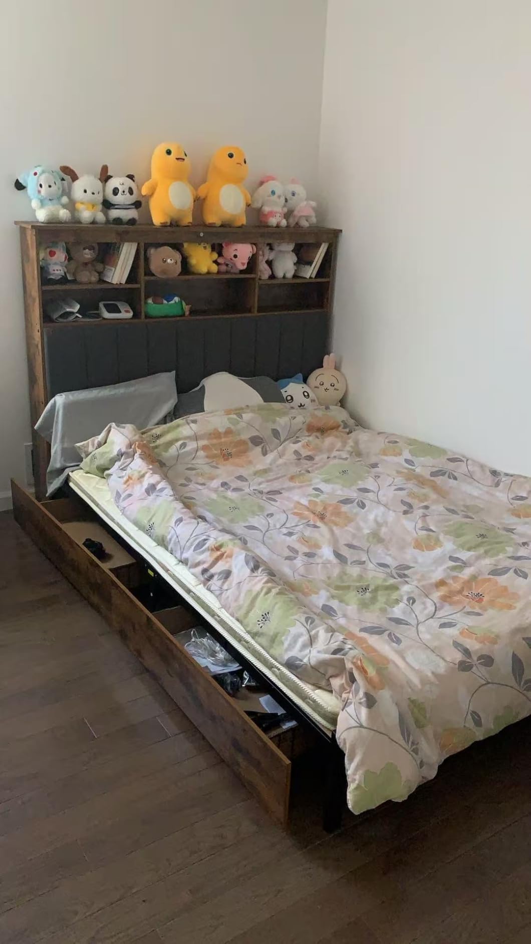 HISOFT Queen Bed Frame with Storage Headboard, Wooden Bed with High Storage Bookcase, Ship in 2 Boxes, 4 Drawers & LED & Charging Station, No Box Spring Needed/Noise Free/All-Metal Support, Rustic Grey customer photo 2
