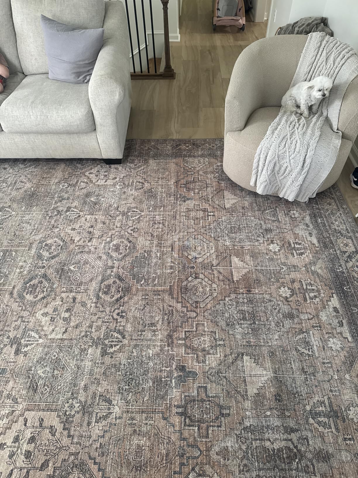 Bavni Washable Rug 8x10 Area Rug for Living Room Bedroom Dining, Washable Vintage Print Carpet, Ultra-Thin Chenille Low Pile Lightweight Rug with Non Slip Backing, Warm Taupe customer photo 1