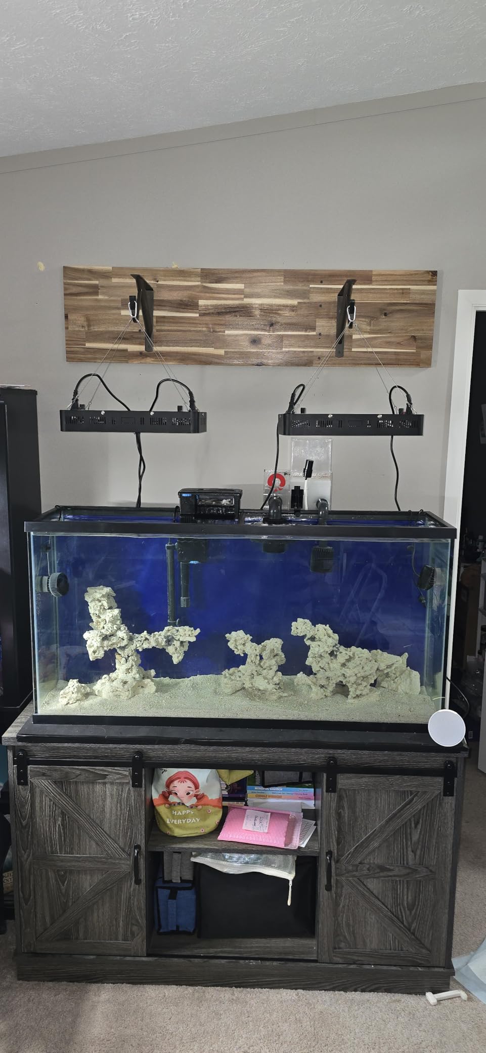 Hlivelood Farmhouse 55-75 Gallon Fish Tank Stand with Power Outlet, Aquarium Stand w/Cabinet&Sliding Barn Door, Heavy Duty Reptile Tank Stand for Fish/Turtle/Reptile Terrarium, 1000LB Capacity, White customer photo 1